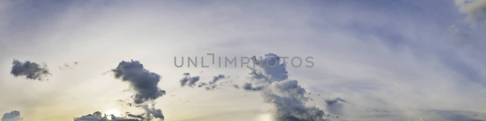 Dramatic panorama sky with cloud on sunrise and sunset time. Panoramic image.