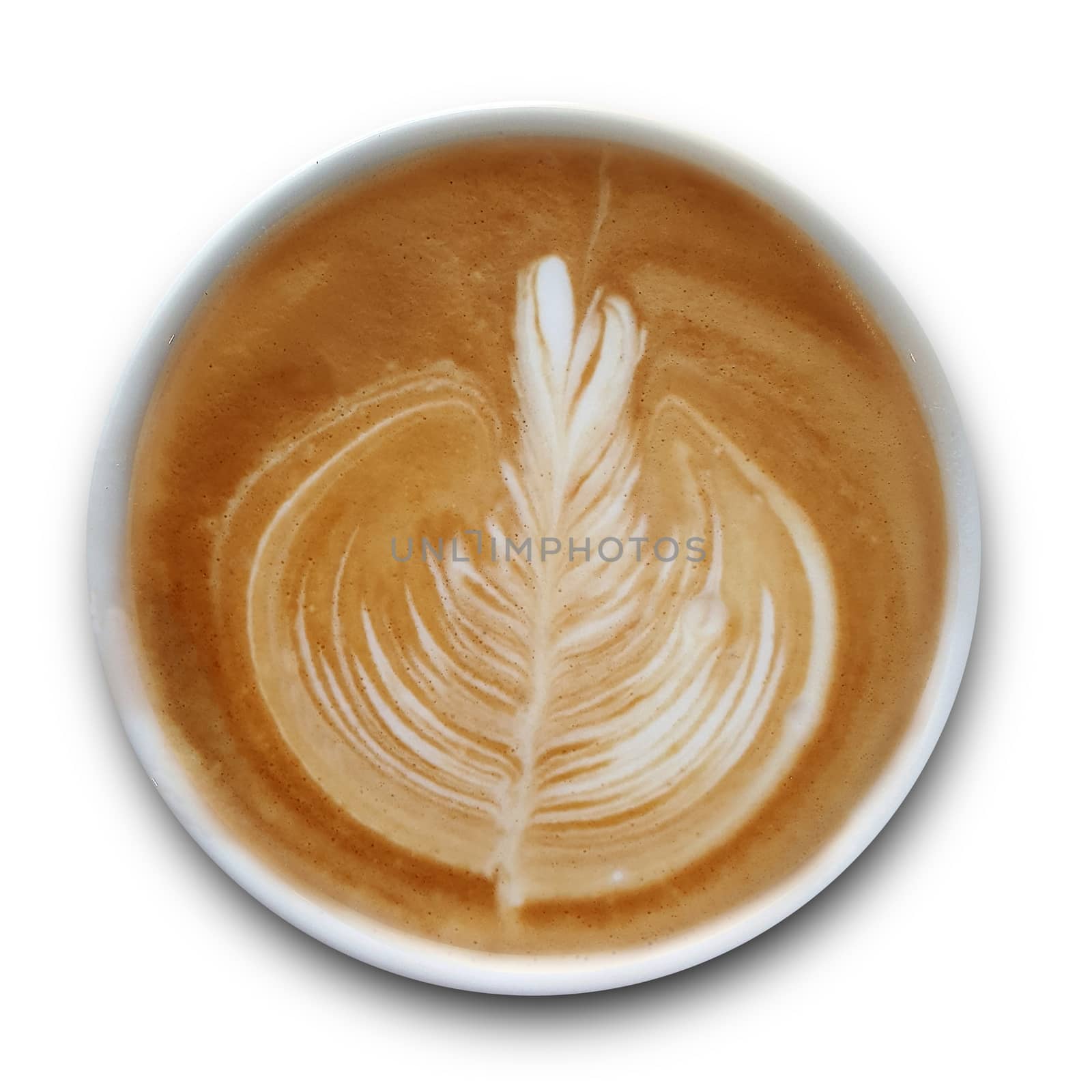 Top view of a mug of latte art coffee isolted on white background. by Tanarch
