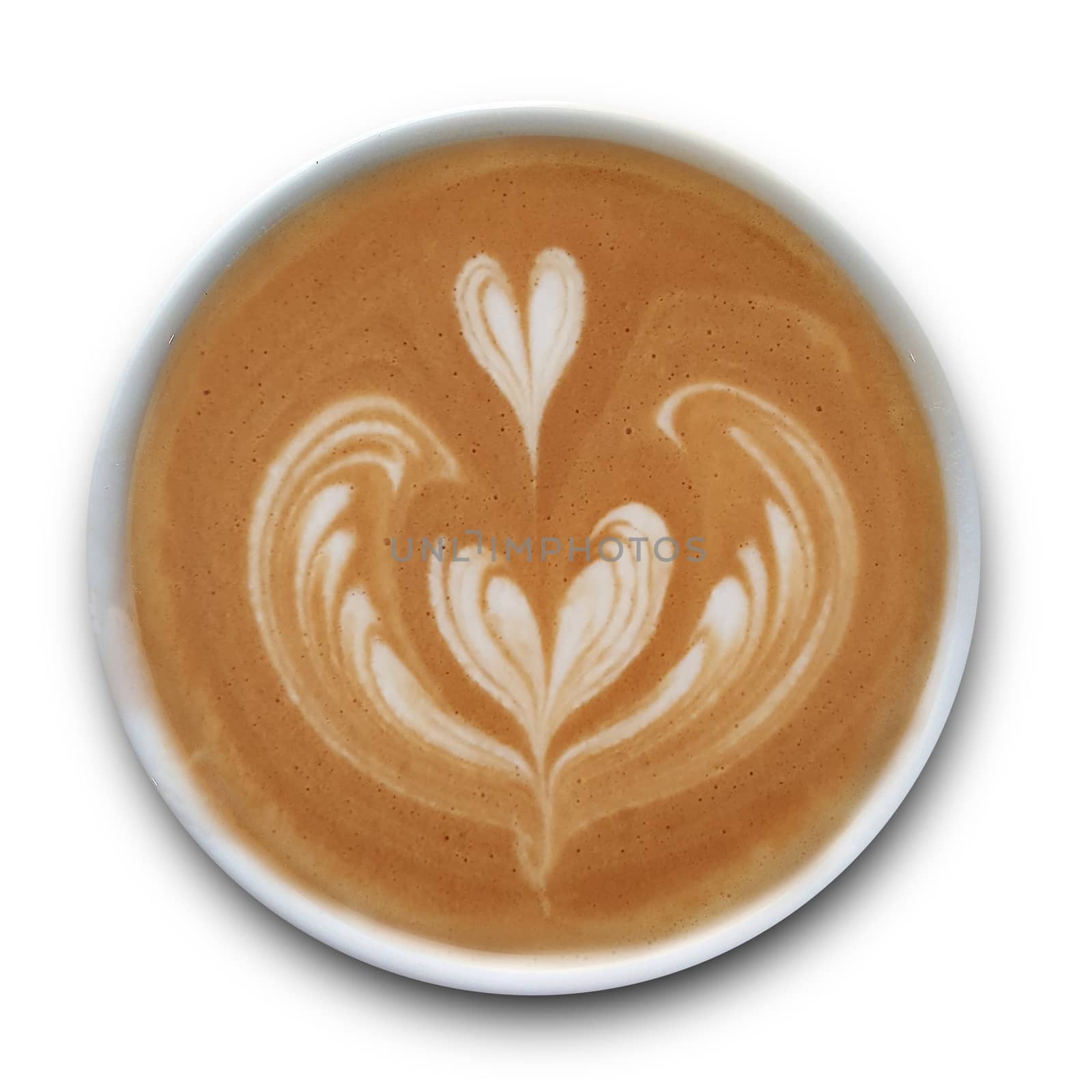 Top view of a mug of latte art coffee isolted on white background. by Tanarch