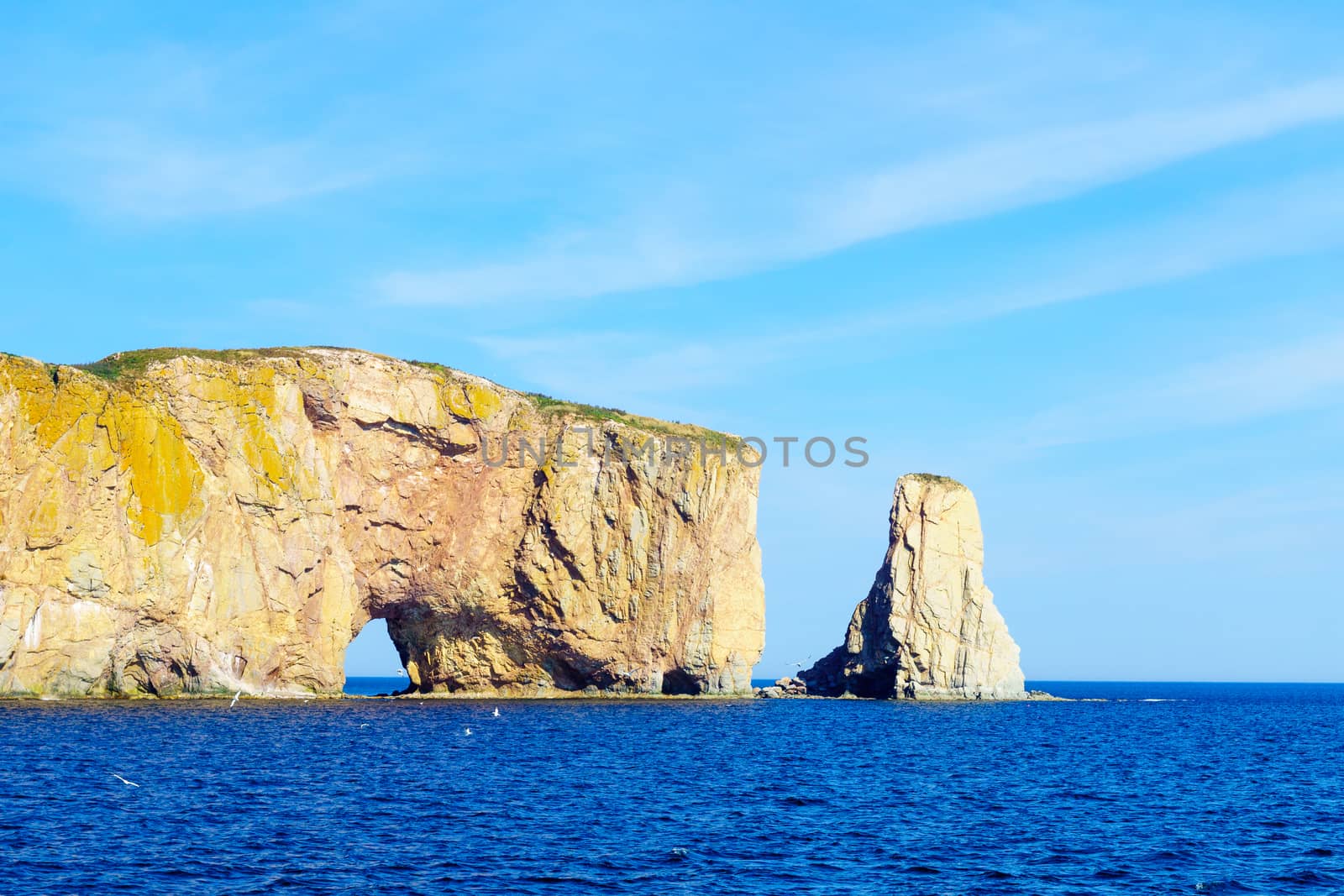 View of the Perce rock, at the tip of Gaspe Peninsula, Quebec, Canada