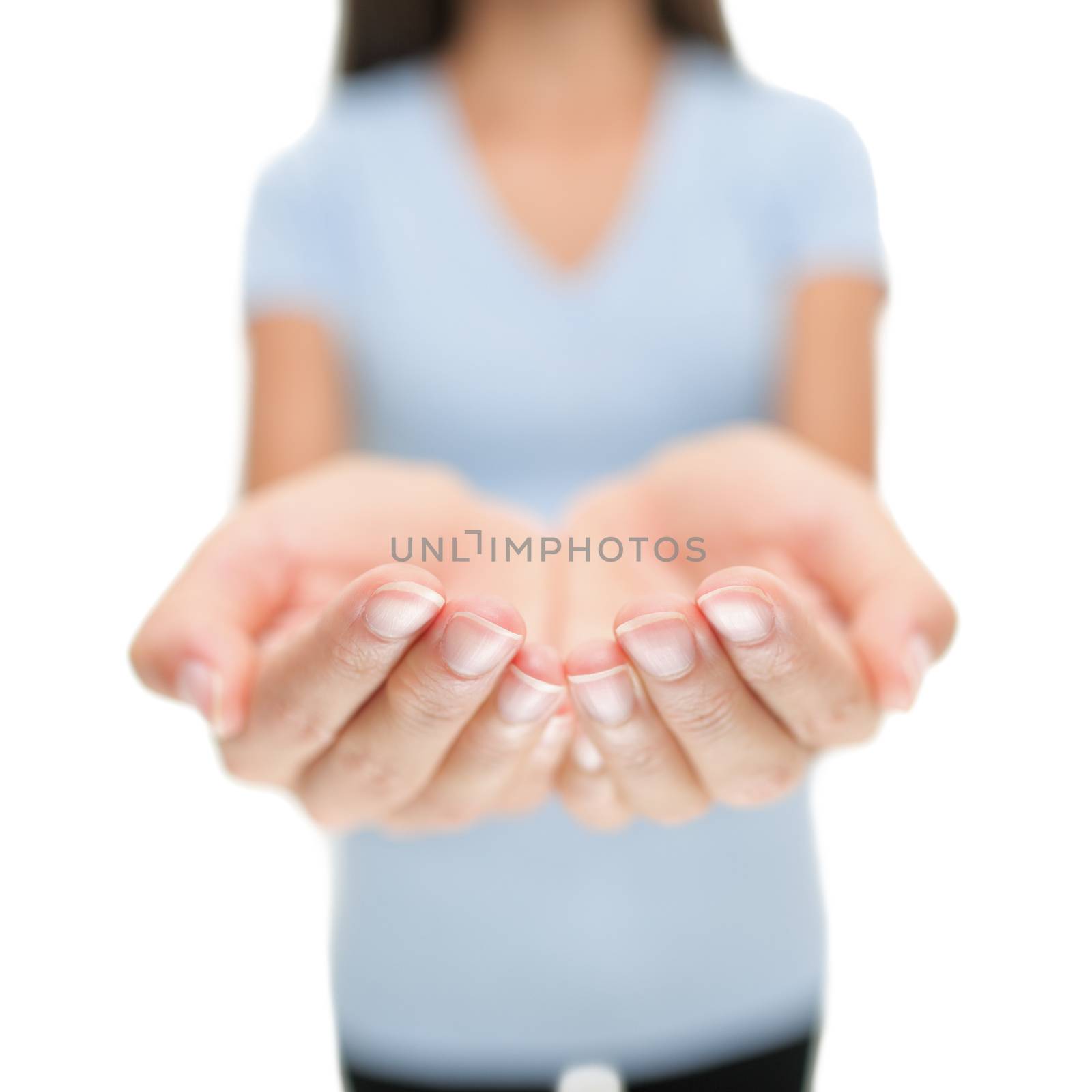 Empty open palms hands woman showing holding blank product object, copyspace. Cupped hands. Isolated on white background.