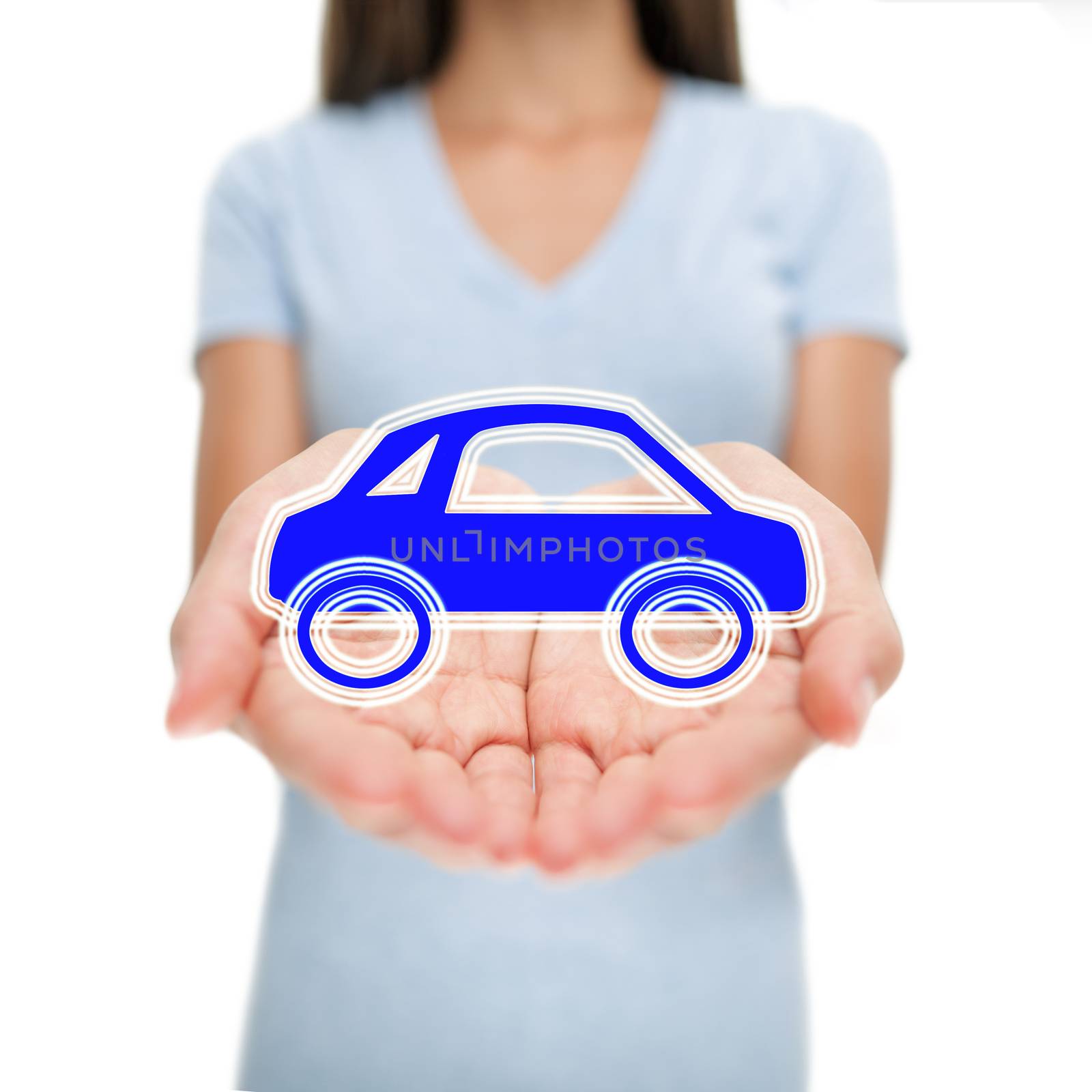 Car business woman woman showing design concept. car rental or insurance care small blue automobile for transport or lease. Open hands. Eco friendly environment electric hybrid auto insurance concept by Maridav