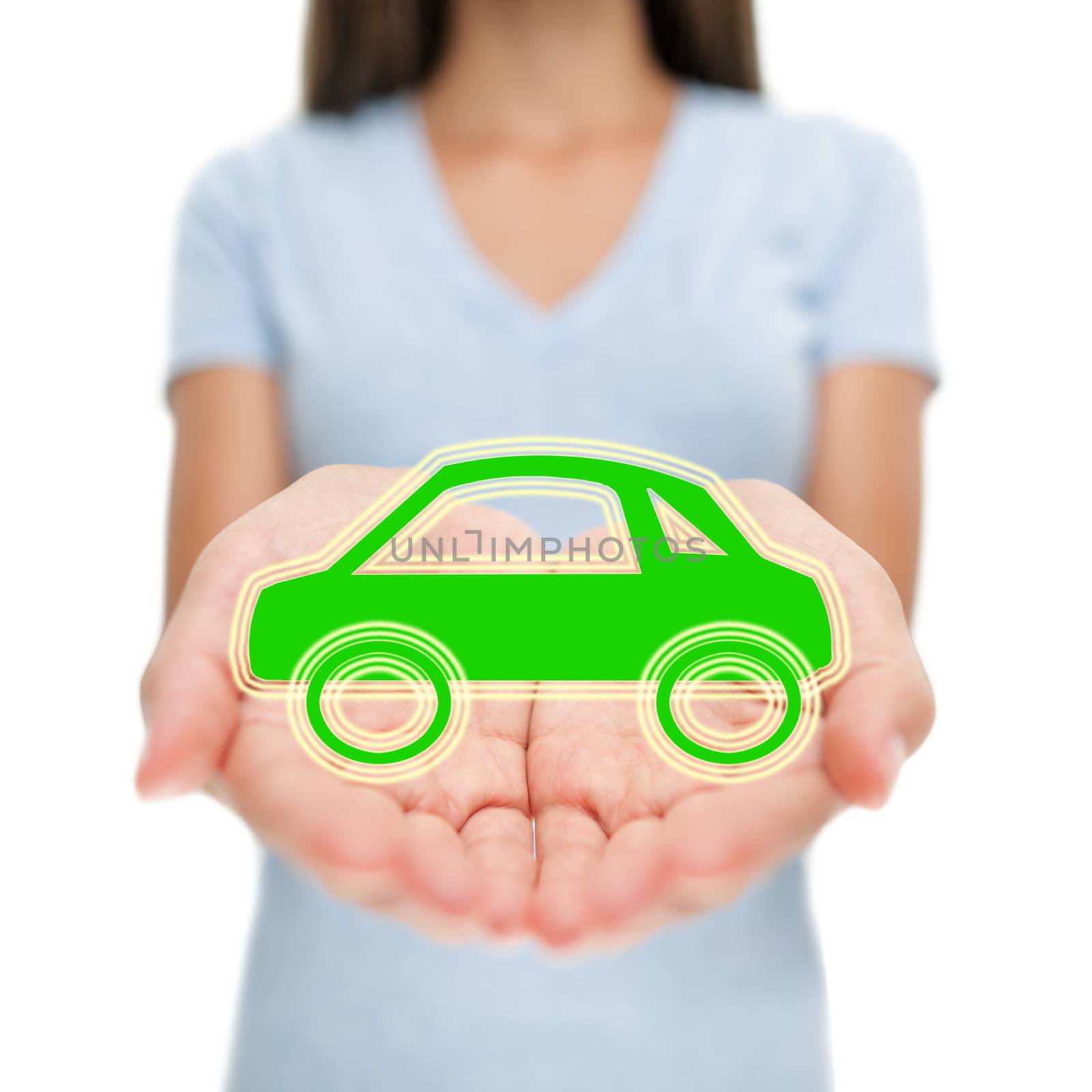 Green car insurance woman showing open hands. Eco friendly environment electric hybrid auto insurance concept.