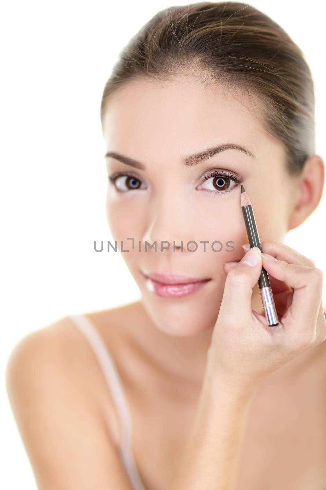 Makeup beauty Asian woman applying brown pencil eyeliner on eye. Face eyes care lifestyle isolated on white background.