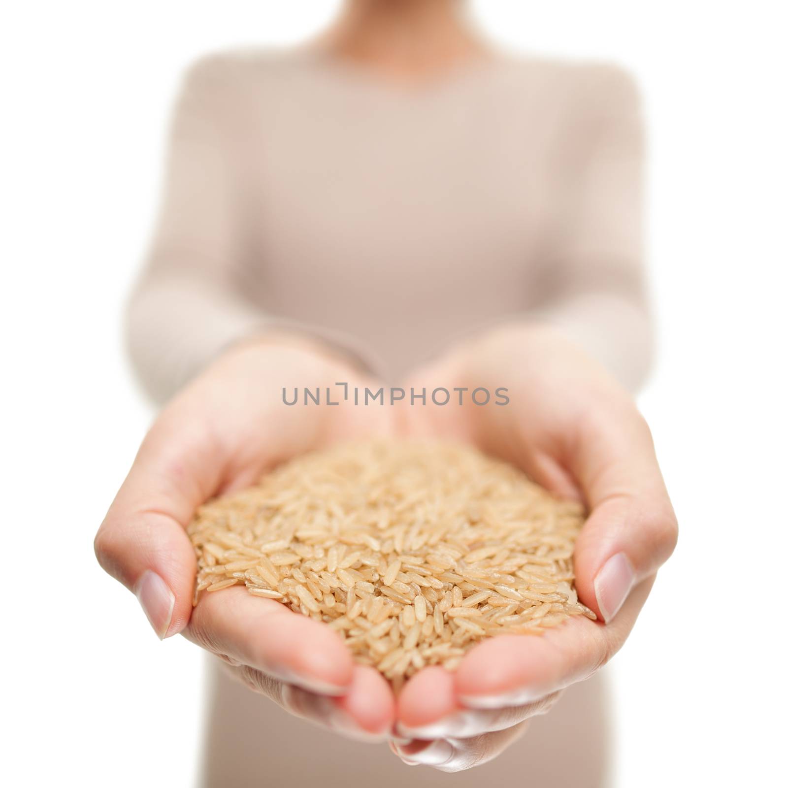 Brown rice grains natural food closeup in open hands. Woman showing uncooked raw rice grain in studio by Maridav