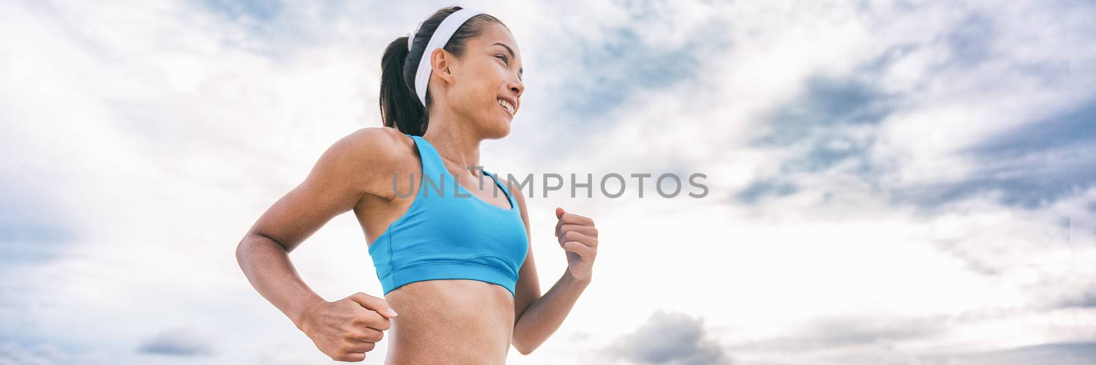 Happy asian running girl training outside jogging morning run. Active healthy lifestyle people banner panorama by Maridav