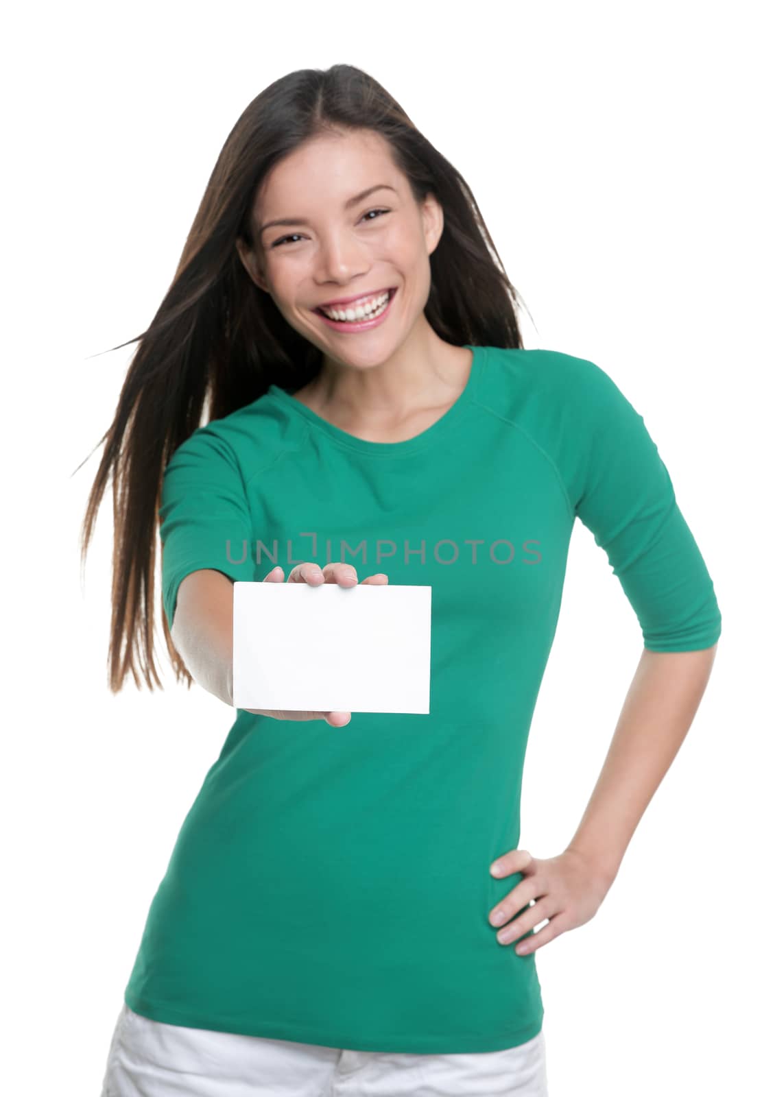 Happy young casual Asian woman holding blank sign showing business card for text advertisement by Maridav