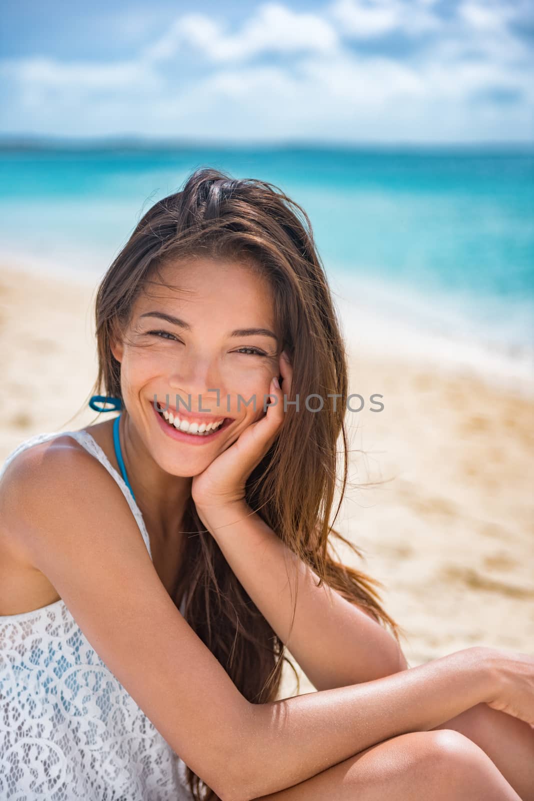 Beautiful Asian young woman portrait. Multiracial girl smiling at camera by Maridav