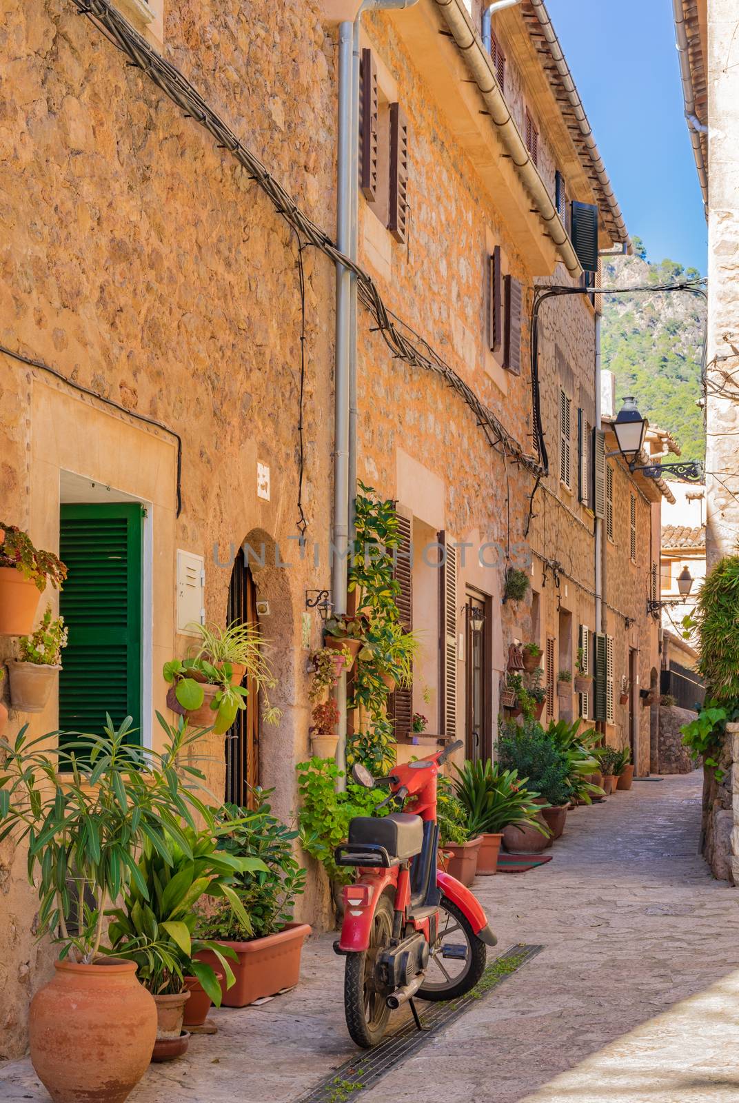 Beautiful street at the mediterranean village of Valldemossa, Mallorca Spain 