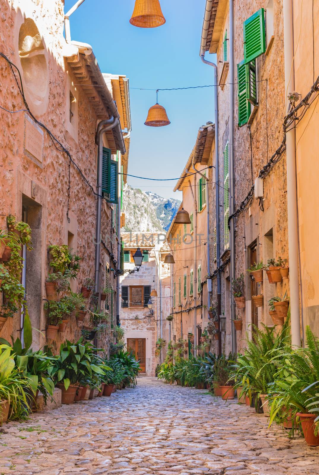 Beautiful street at the mediterranean village of Valldemossa on Majorca Spain 

