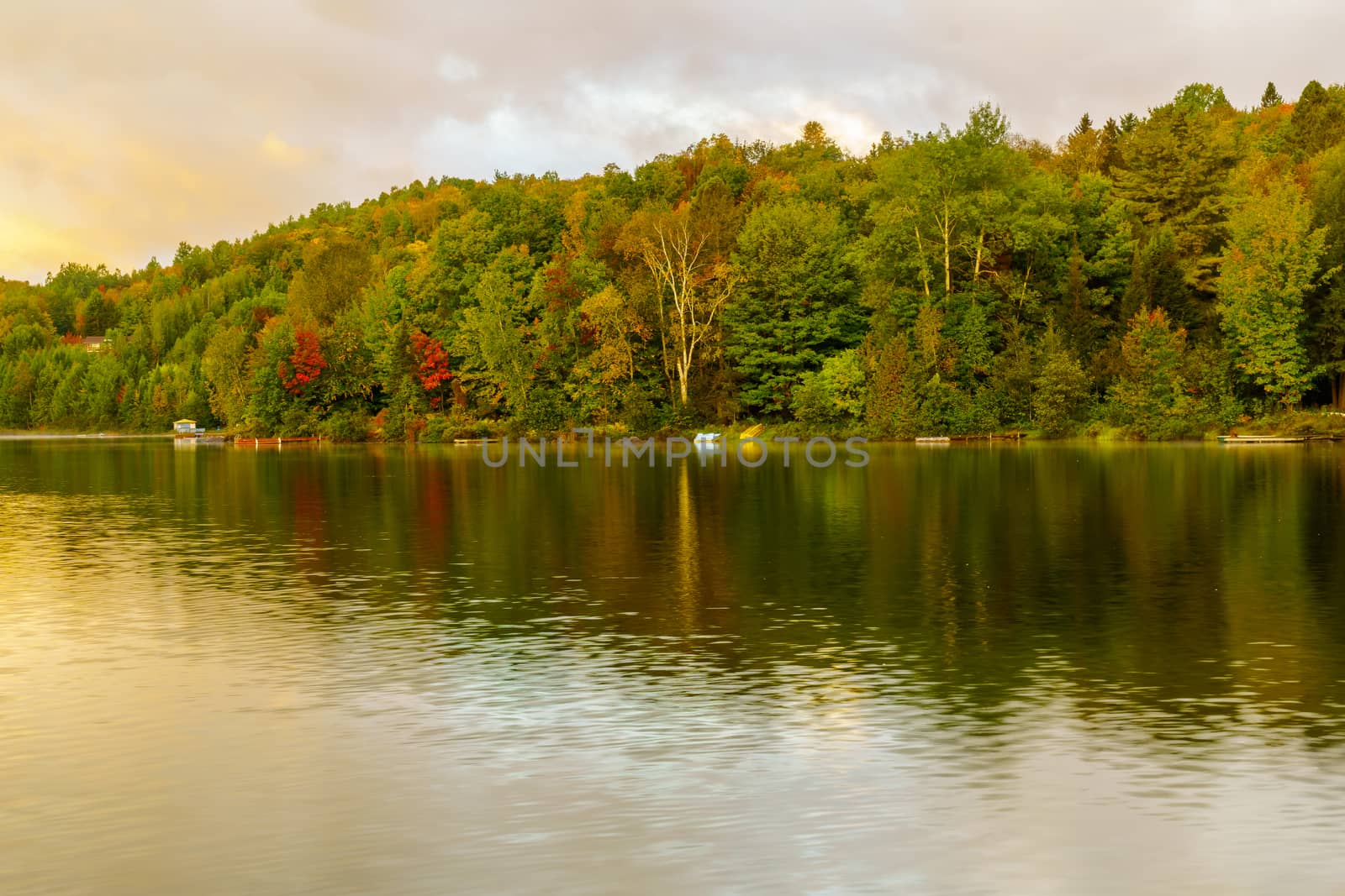 Sunrise view of the Lac Rond lake, in Sainte-Adele, Laurentian Mountains, Quebec, Canada