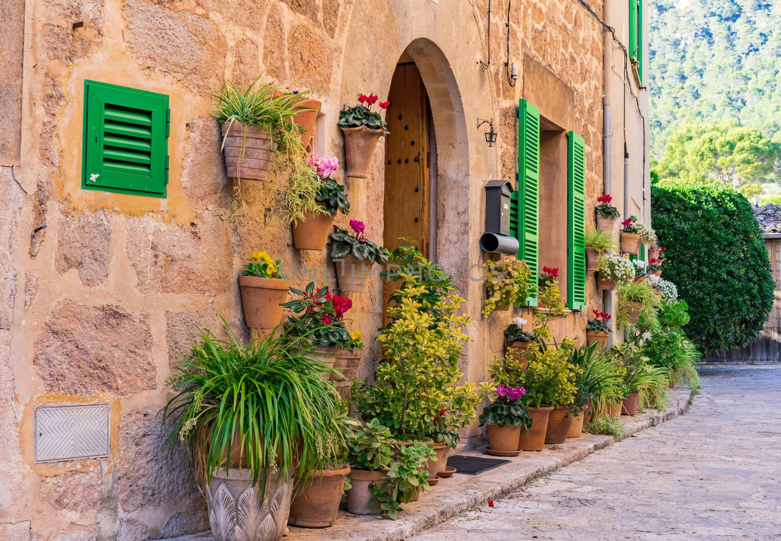 Traditional house entrance in the old village of Valldemossa, Mallorca Spain Balearic islands