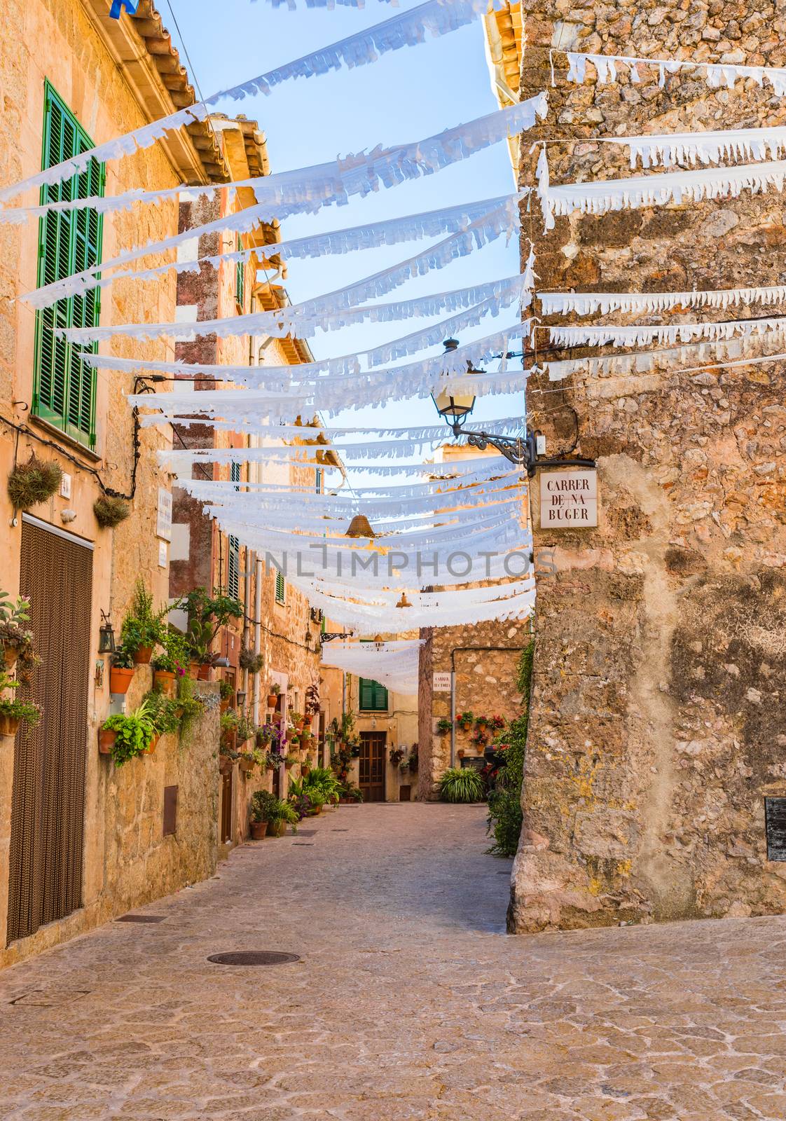 Alley in old mediterranean village of Valldemossa, Mallorca Spain