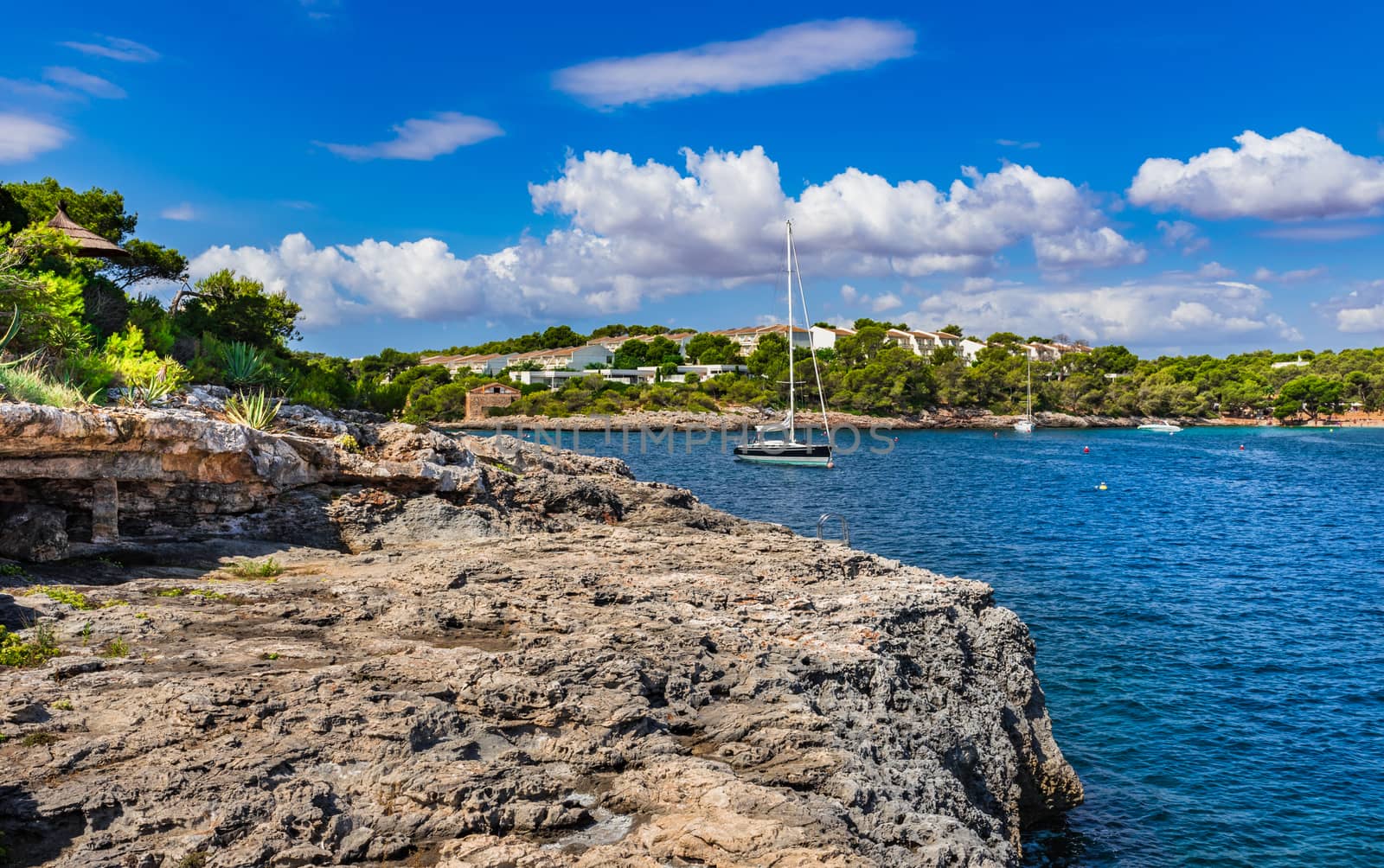 Sailboat at coast of Majorca island, Spain Mediterranean Sea by Vulcano