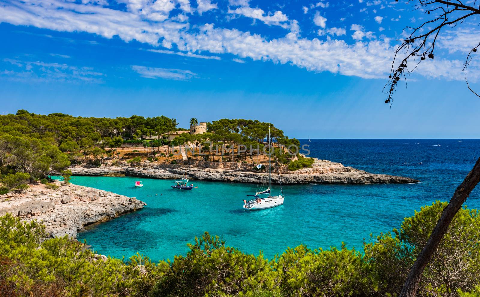 Idyllic bay with yacht boats at the beautiful seaside on Mallorca, Spain Mediterranean Sea by Vulcano