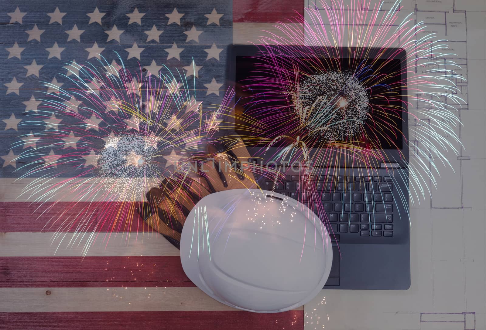 Labor Day concept with modern mobile technology and fireworks fo by tab1962