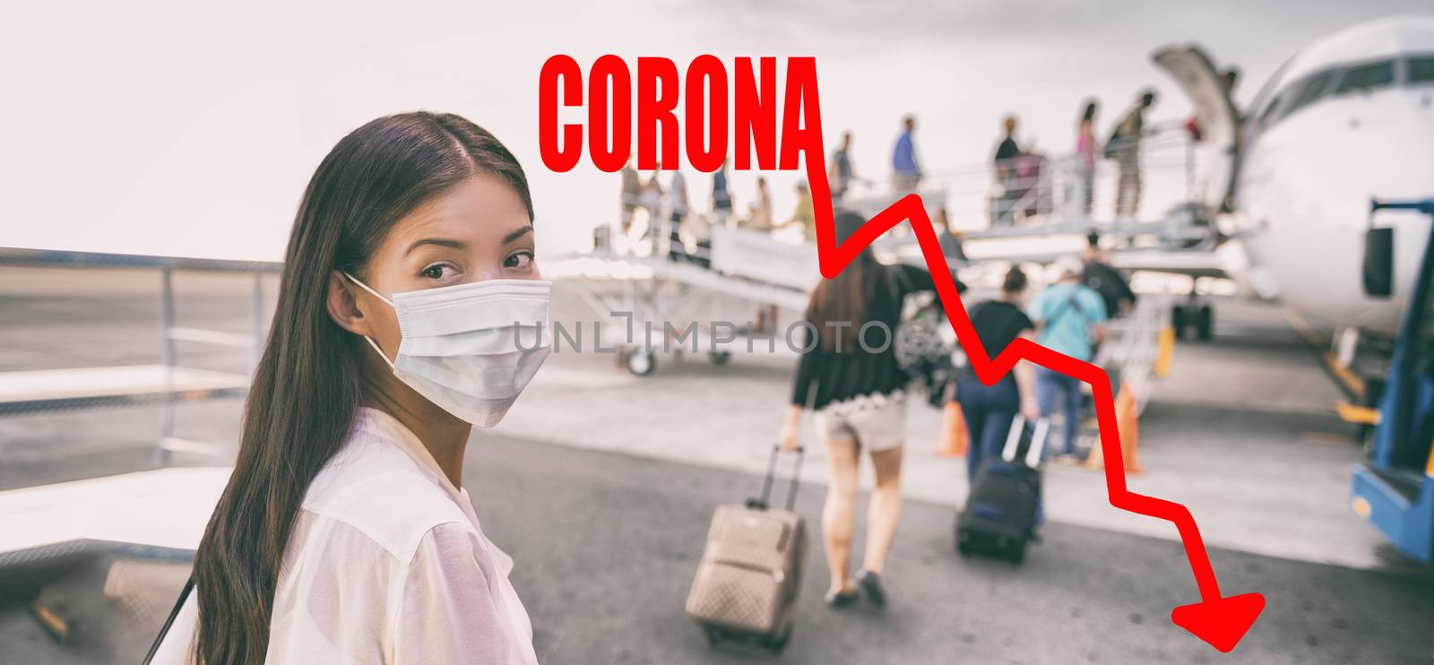 Coronavirus crashing stock market causing new financial crisis and bear market recession and economic downturn. Woman wearing surgical mask for corona virus going on plane by negative graph of stocks