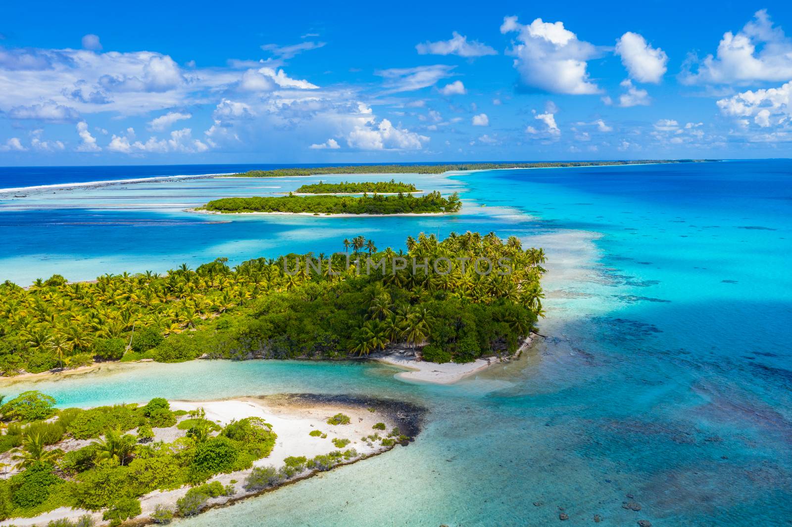 Drone image of Rangiroa atoll island reef motu in French Polynesia Tahiti by Maridav