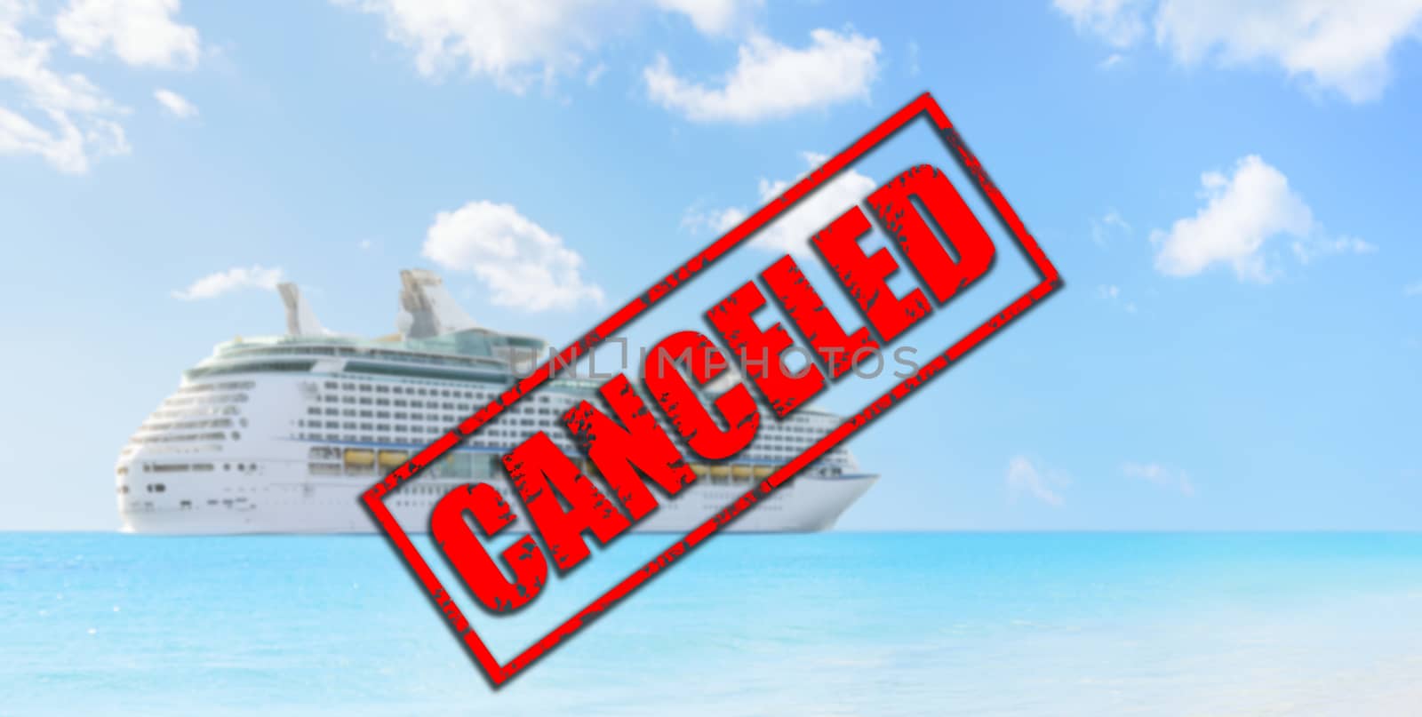 Cruise ship travel holidays canceled because of coronavirus or other reason. Crisis in the cruise industry due to corona virus covid-19 or other reason. Canceled red stamp text on cruise ship.