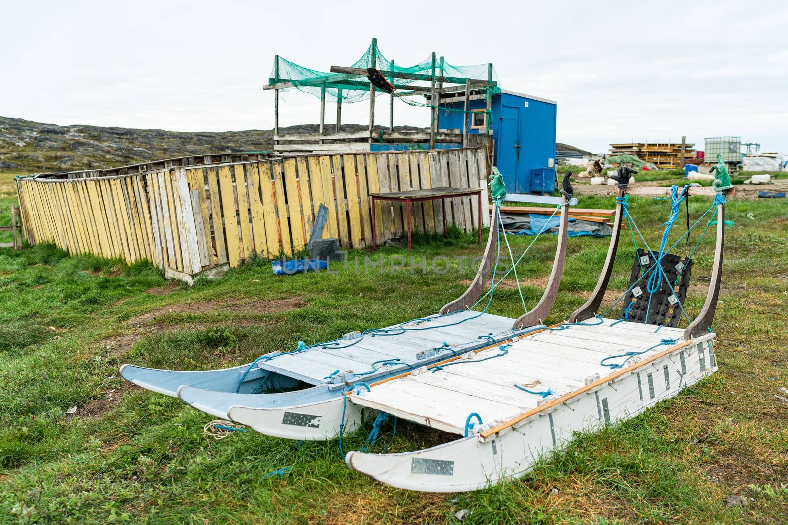 Greenland dog sled in Ilulissat Greenland. Two dog sleds parked in summer nature landscape on Greenland.