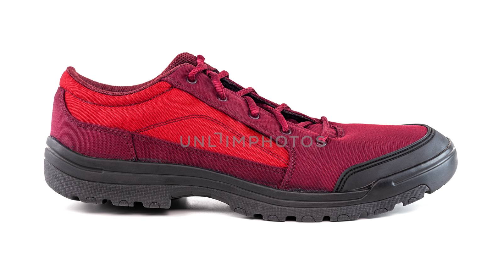 right cheap red hiking or hunting shoe isolated on white background.