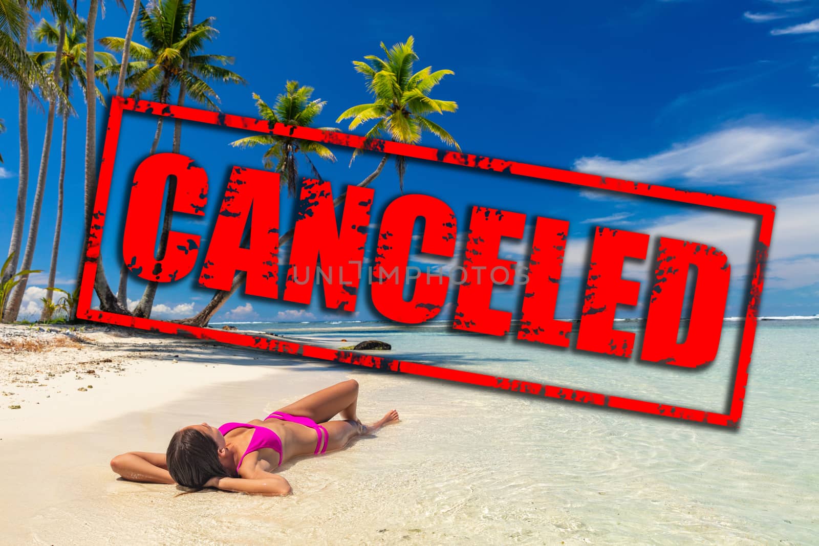 Travel vacation and flight canceled because of coronavirus travel ban. Corona virus crisis in airline and travel industry. Canceled red stamp text on beach woman relaxing lying down on holidays.