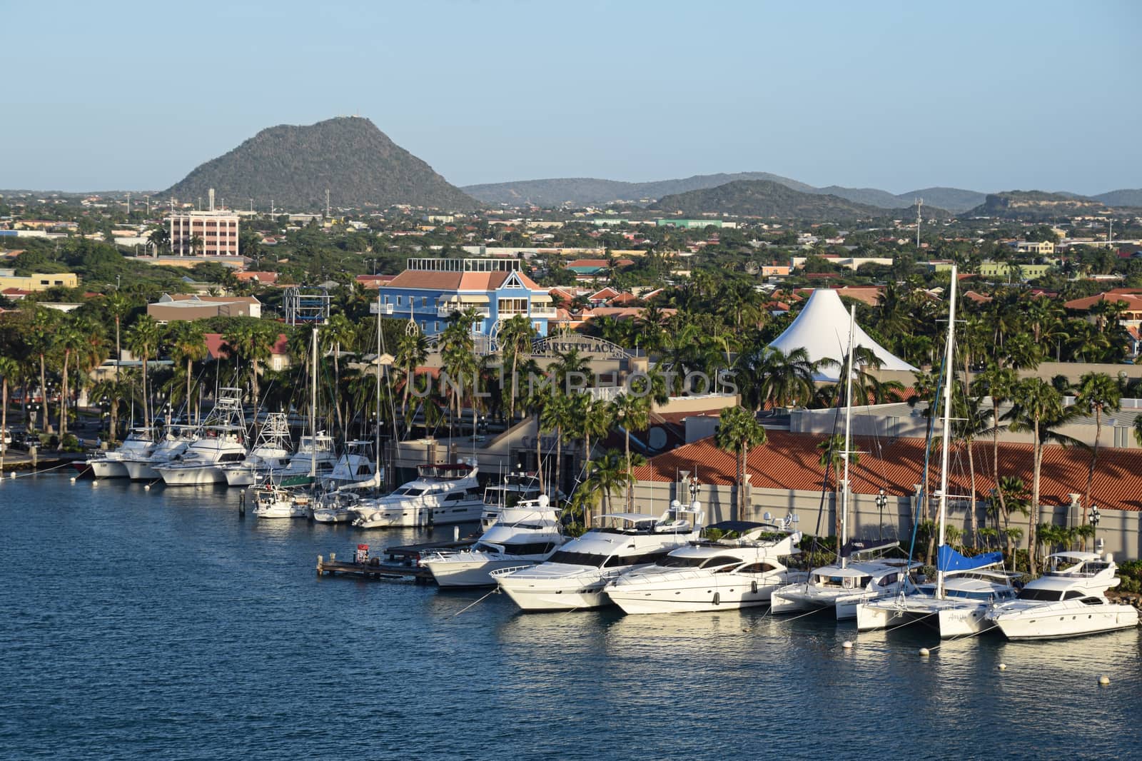 Aruba - December 2014: View inland over the harbour