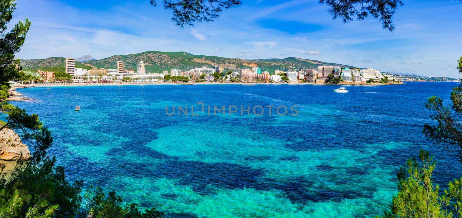 Majorca island, beautiful view of seaside beach in Magaluf, Spain Mediterranean Sea coast