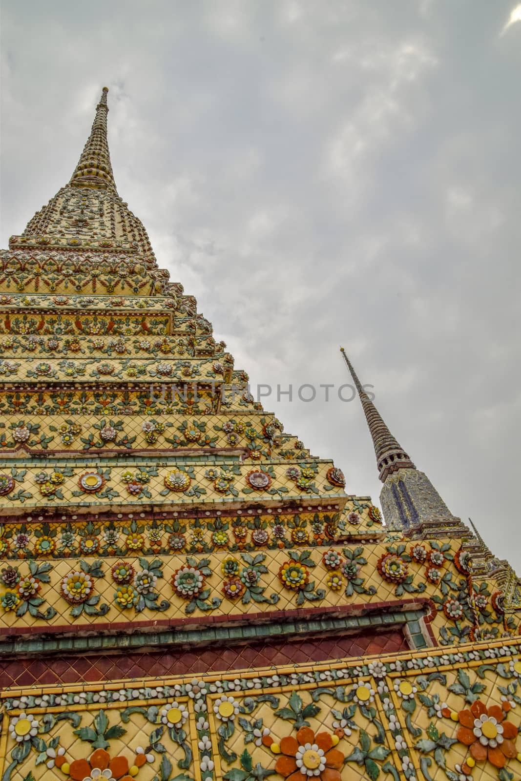 Thailand, Bangkok - March 2016: Decorative tiled stupa at Wat Pho, Home of the reclining Buddha