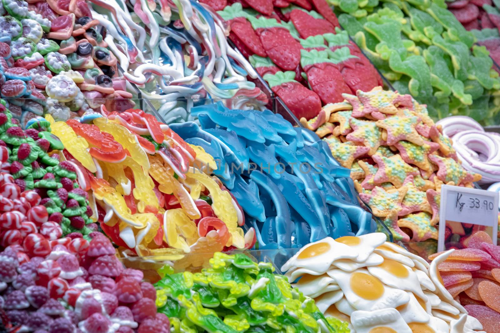 Spain, Bacelona - May 2018: Market stall selling brightly coloured sweets