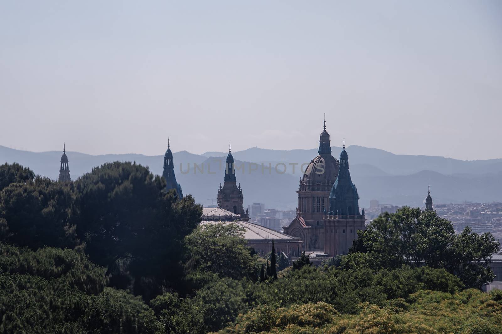 ES, Barcelona - June 2018: Towers ands domes of the National Palace