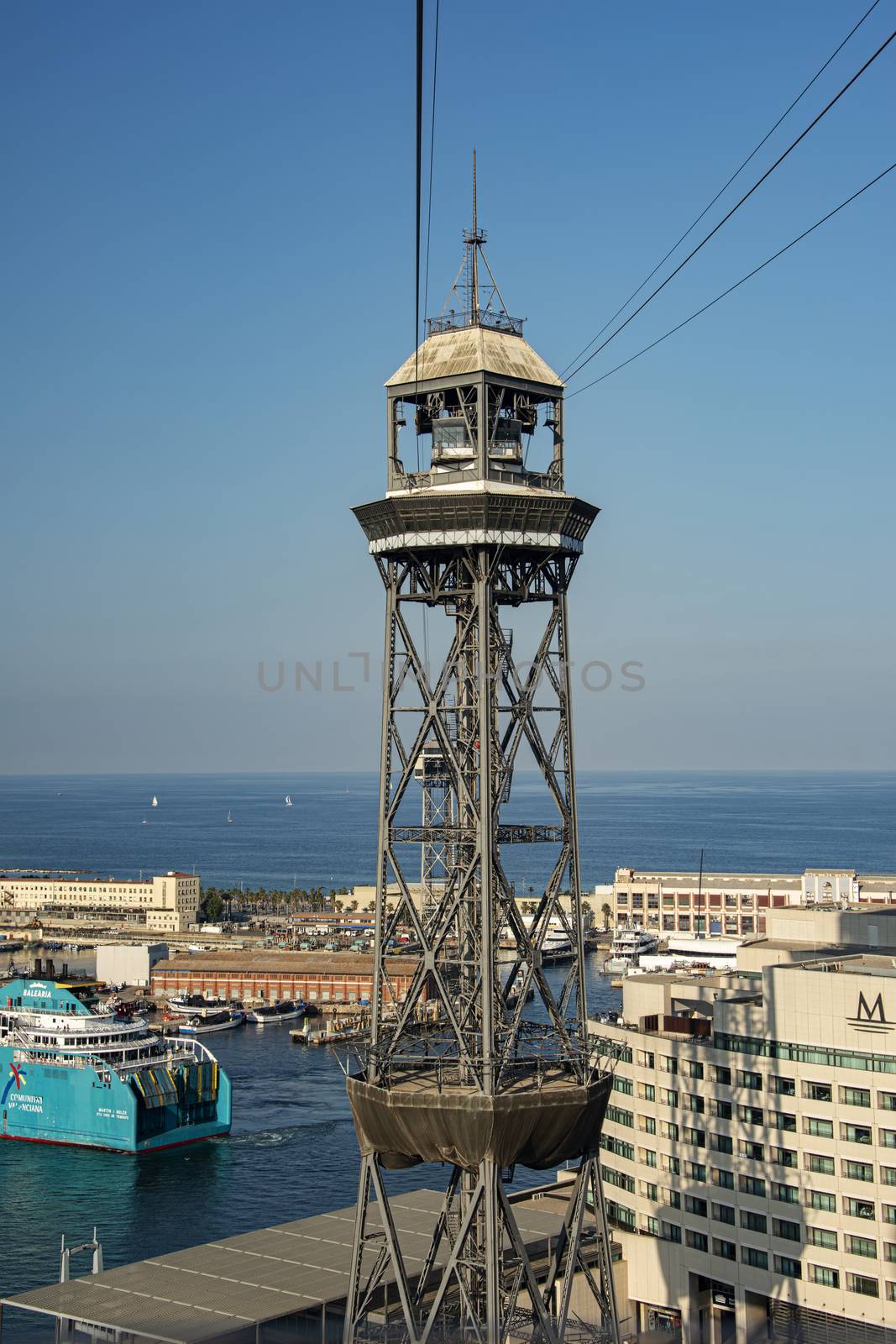 Spain, Barcelona - June 2018: Cable car tower Barcelona Harbour
