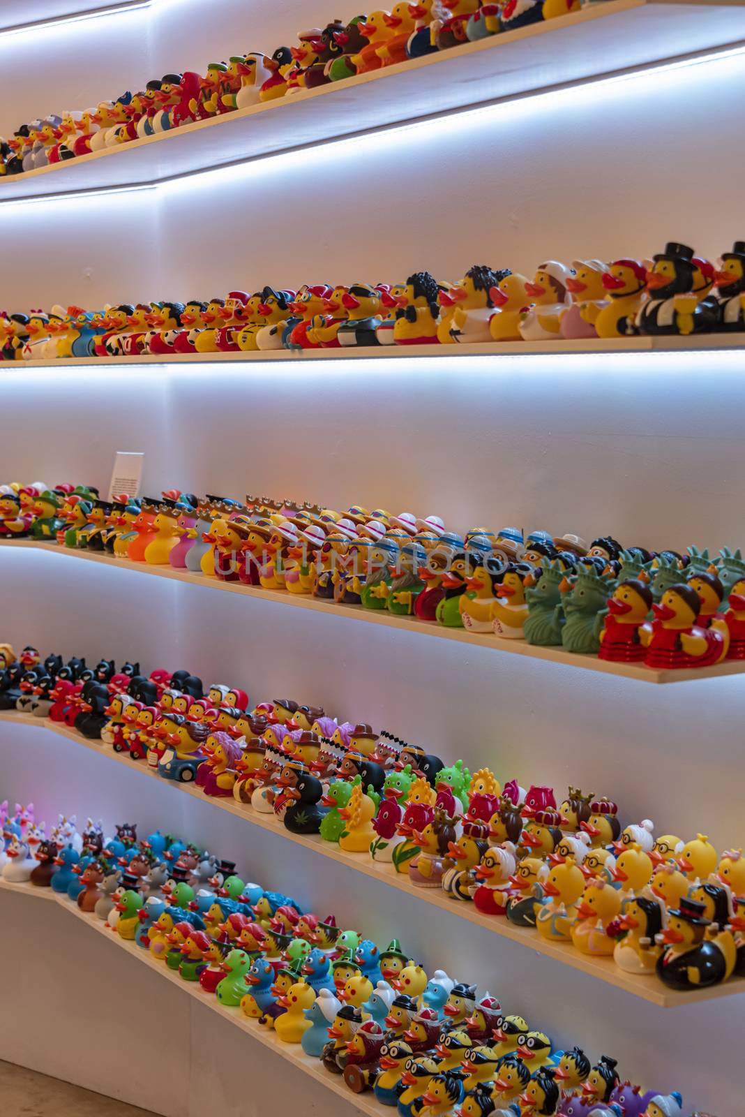 ES, Barcelona Duck Store - June 2018: Rubber ducks with a difference.