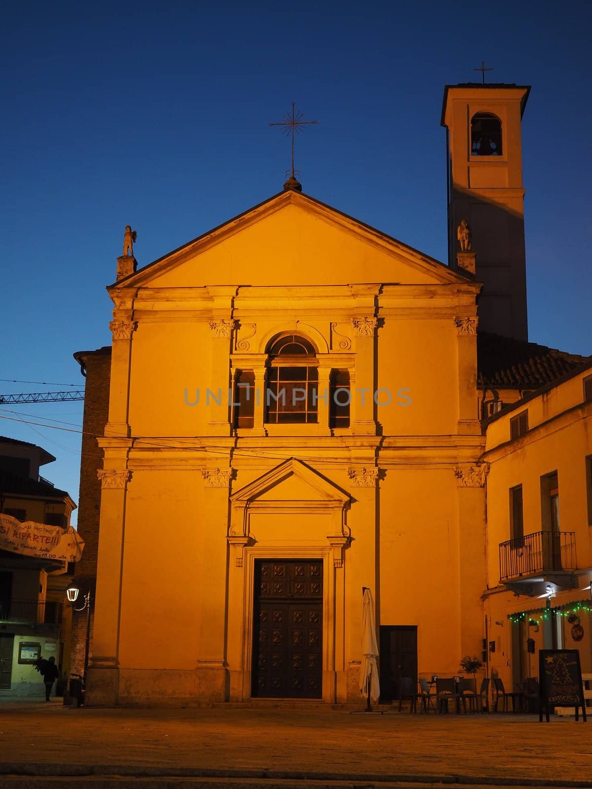 SETTIMO TORINESE, ITALY - CIRCA DECEMBER 2018: Santa Croce (meaning Holy Cross) church at night