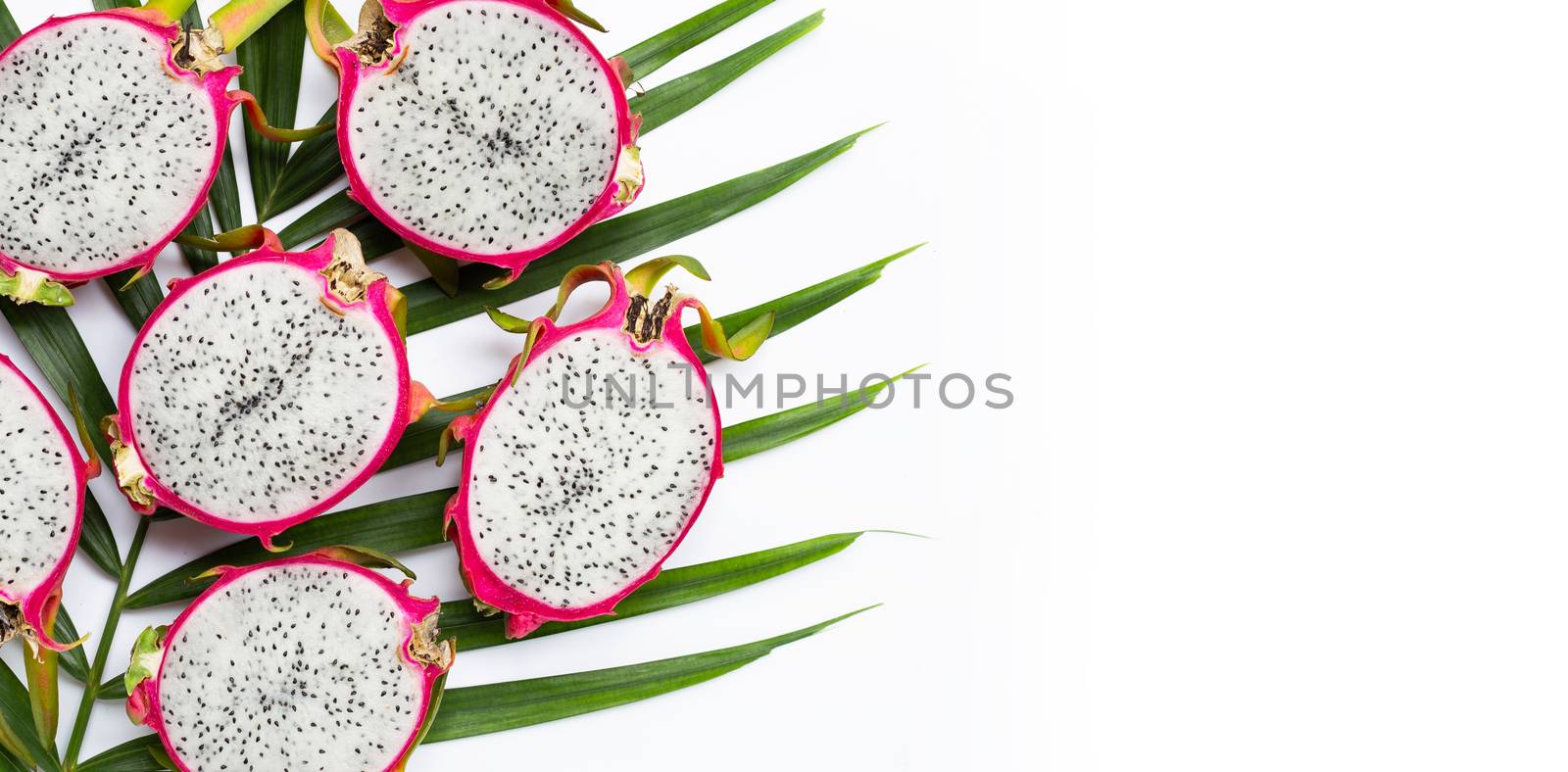 Ripe dragonfruit or pitahaya on tropical palm leaves.  by Bowonpat