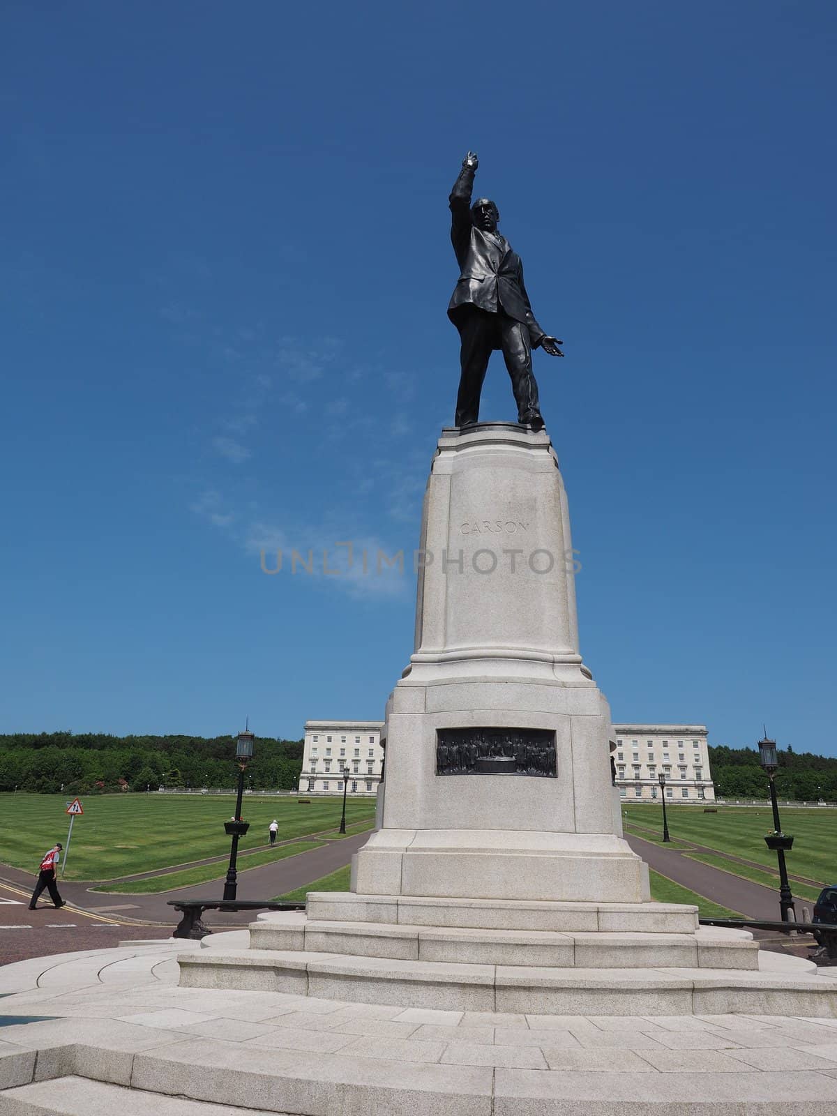 BELFAST, UK - CIRCA JUNE 2018: Lord Carson statue in front of Stormont Parliament