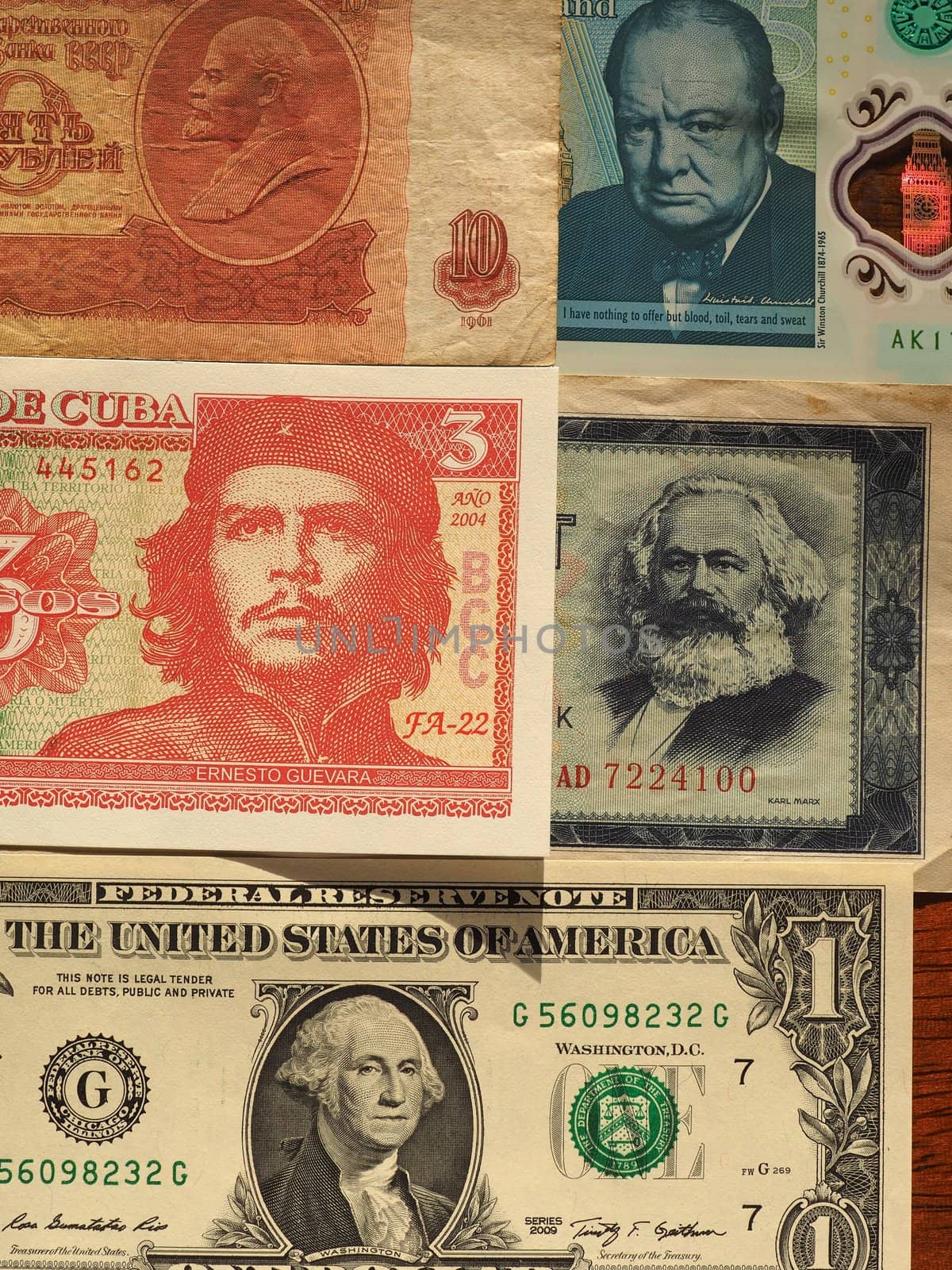 WASHINGTON DC, USA - CIRCA JANUARY 2018: portraits of famous politicians on Banknotes Including Lenin, Churchill, Che Guevara, Marx And Washington