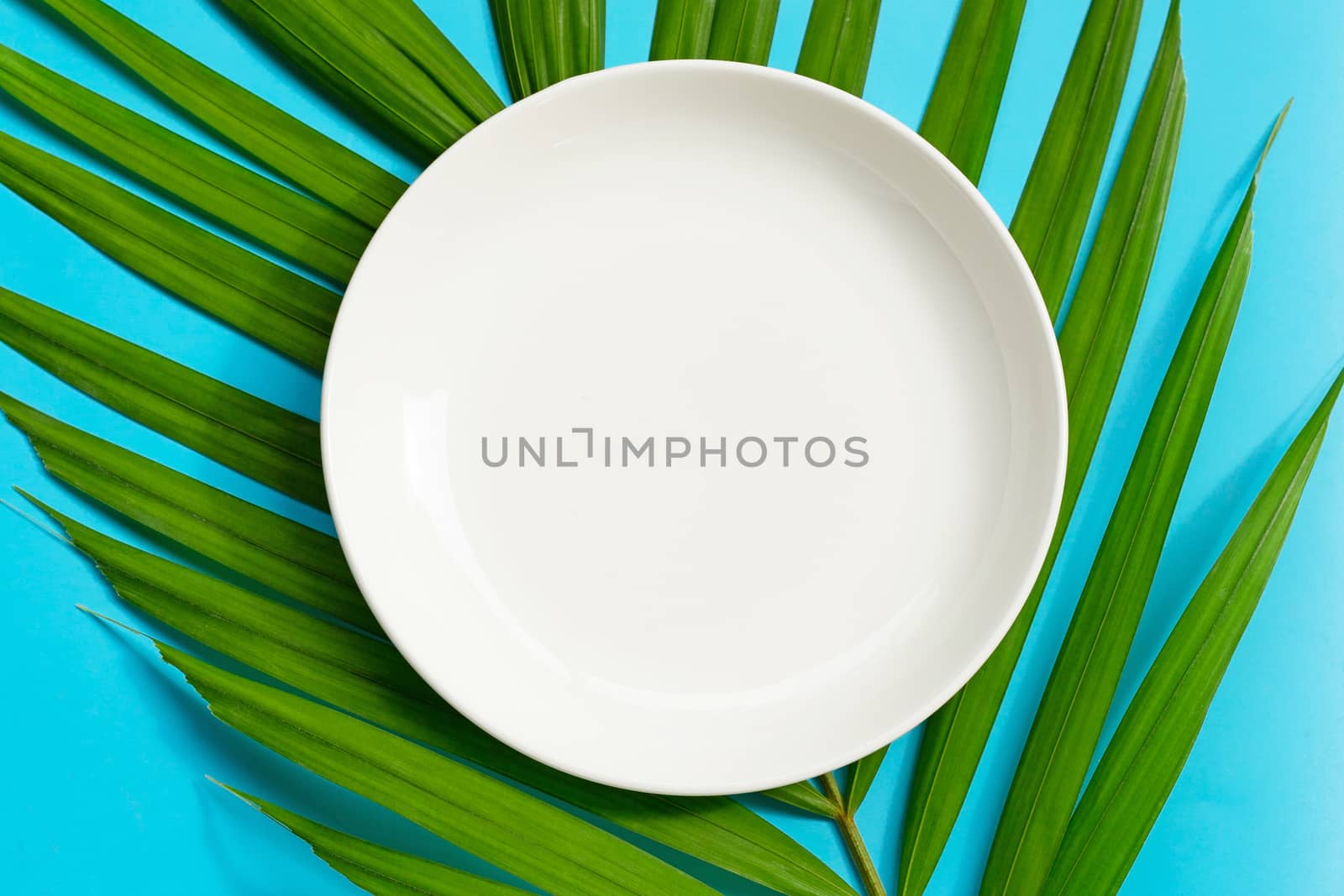 Empty white ceramic plate on tropical palm leaves on blue background. Top view