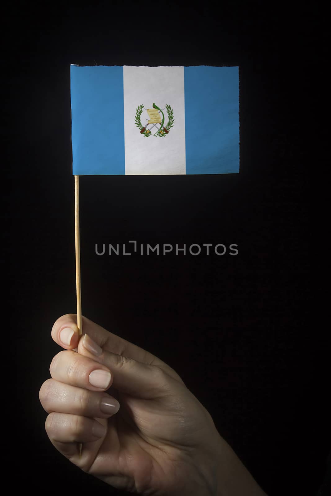 Hand with small flag of state of Guatemala