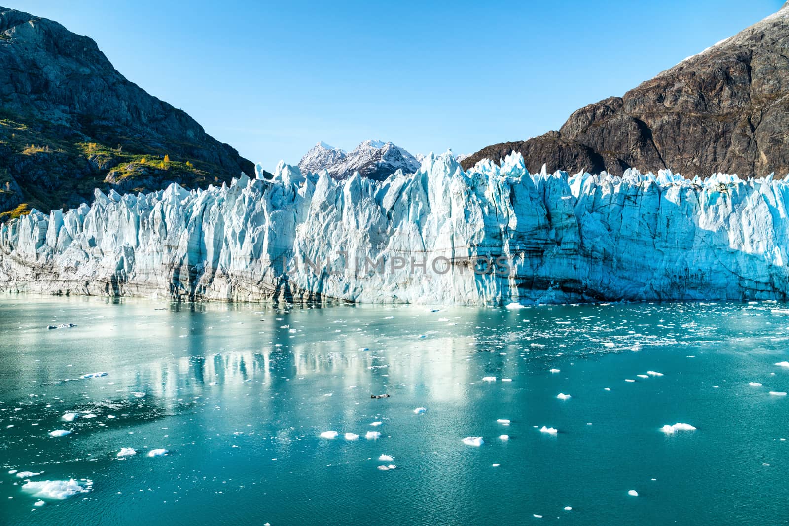 Alaska Glacier Bay landscape view from cruise ship holiday travel. Global warming and climate change concept with melting glacier with Johns Hopkins Glacier and Mount Fairweather Range mountains by Maridav