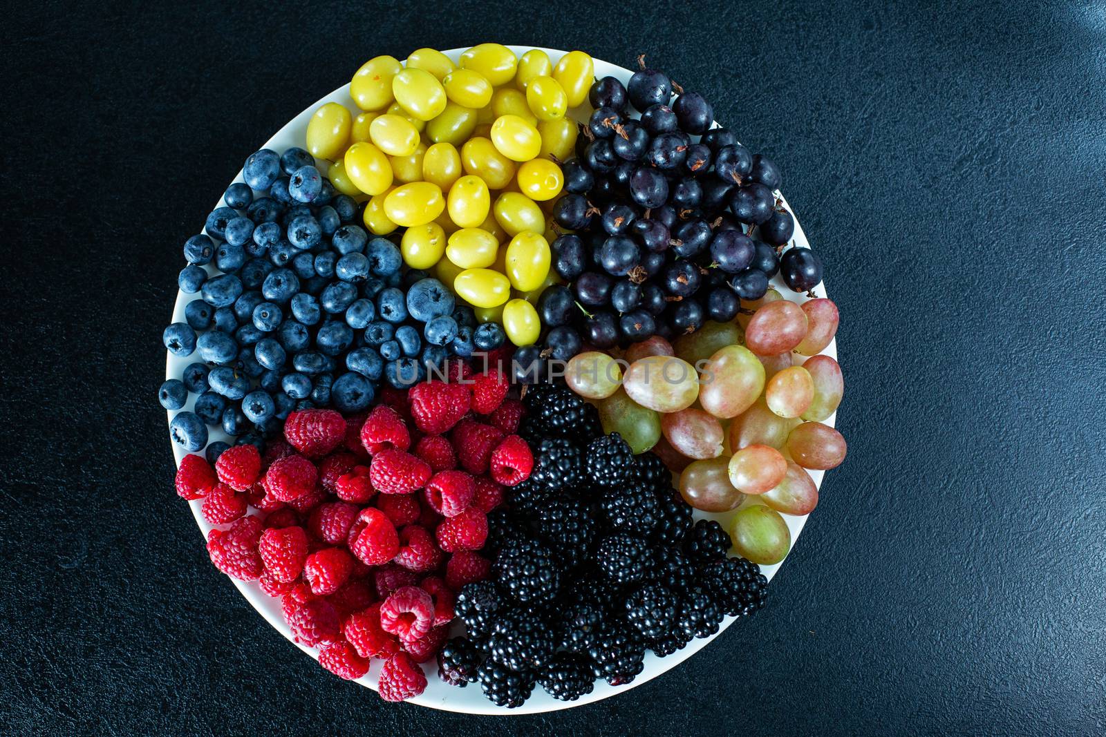Mix of colored berries in a round plate divided by triangles. Stylish layout of useful vitamins of summer berries. by Try_my_best