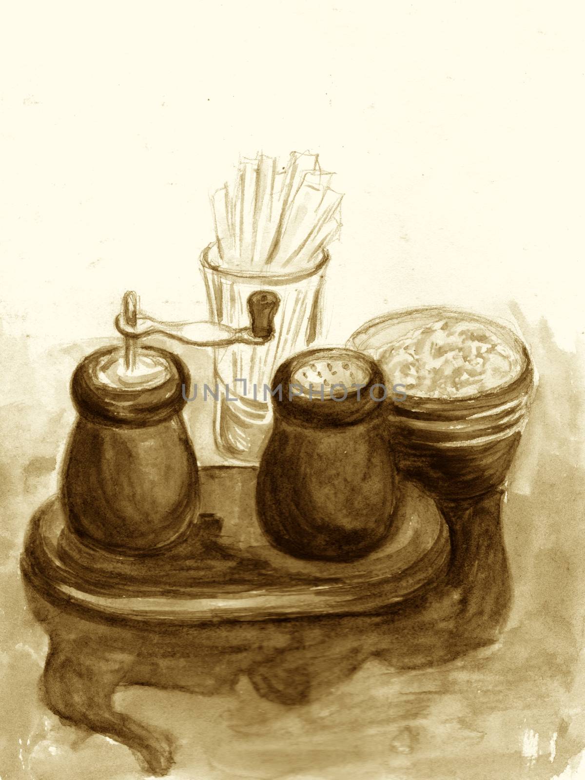 Salt and pepper shakers on table in cafe. Watercolor illustration. Hand-drawn sketch. Sepia, beige and brown monochrome colors by sshisshka