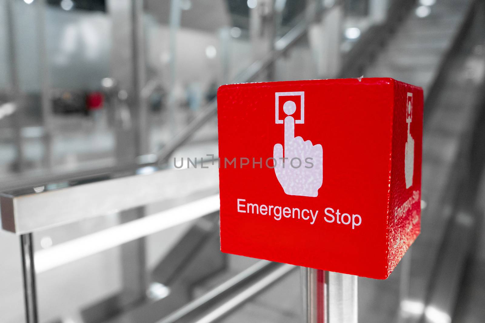 Big red escalator emergency stop button close up by Try_my_best