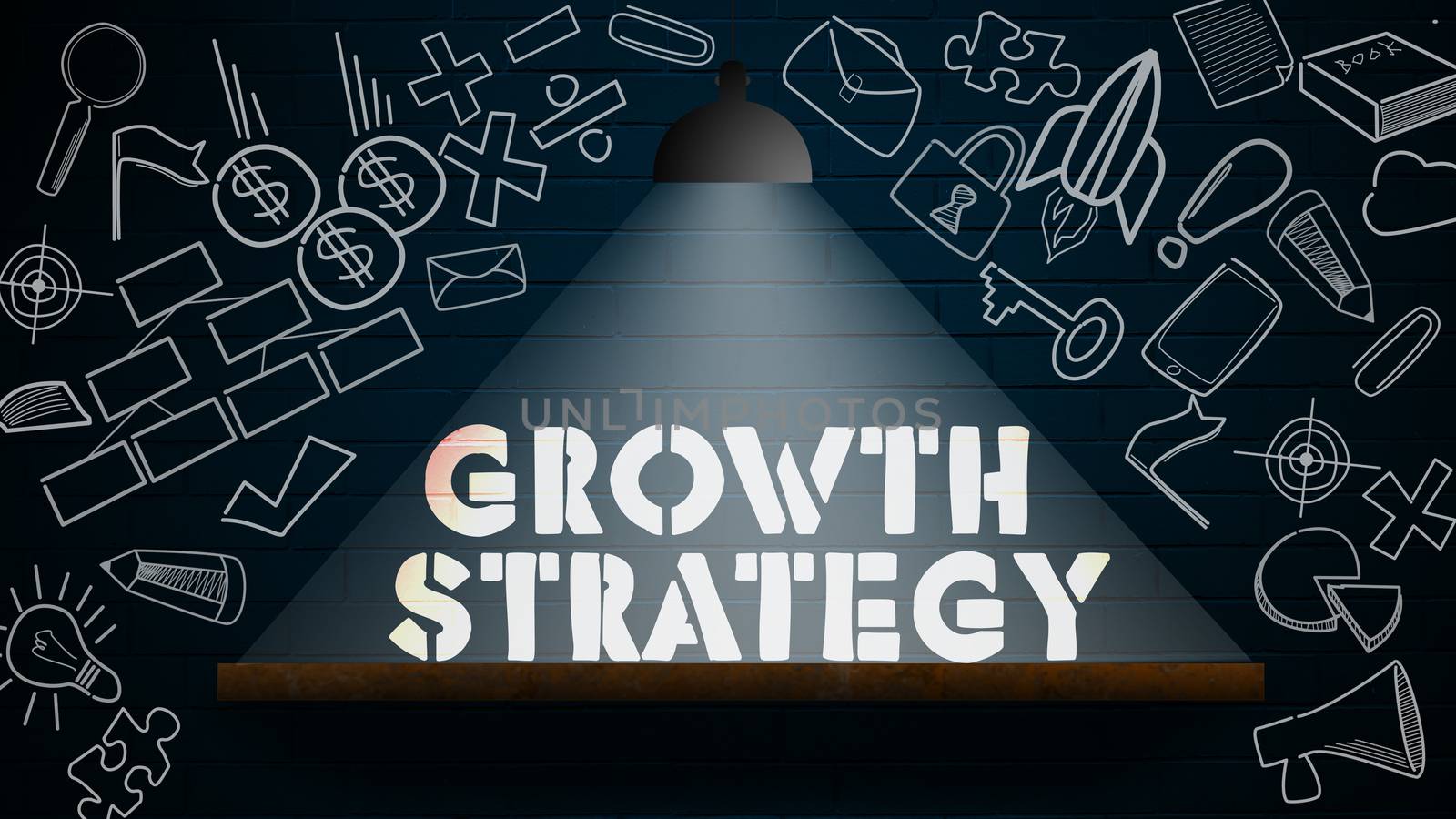 Growth strategy word business concept with lamp on the wall by tang90246