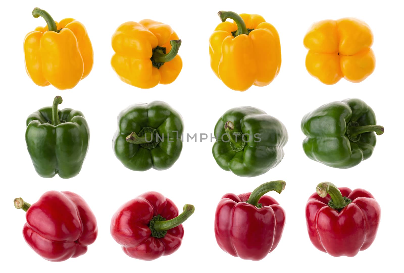 yellow red and green pepper shooted isolated on a white backgrou by kaiskynet