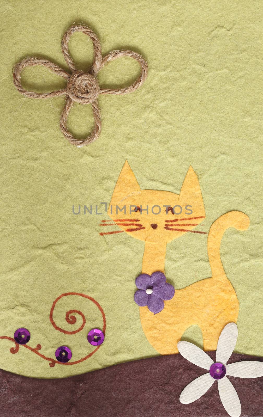 Papercraft Cat and flower green background by piyato