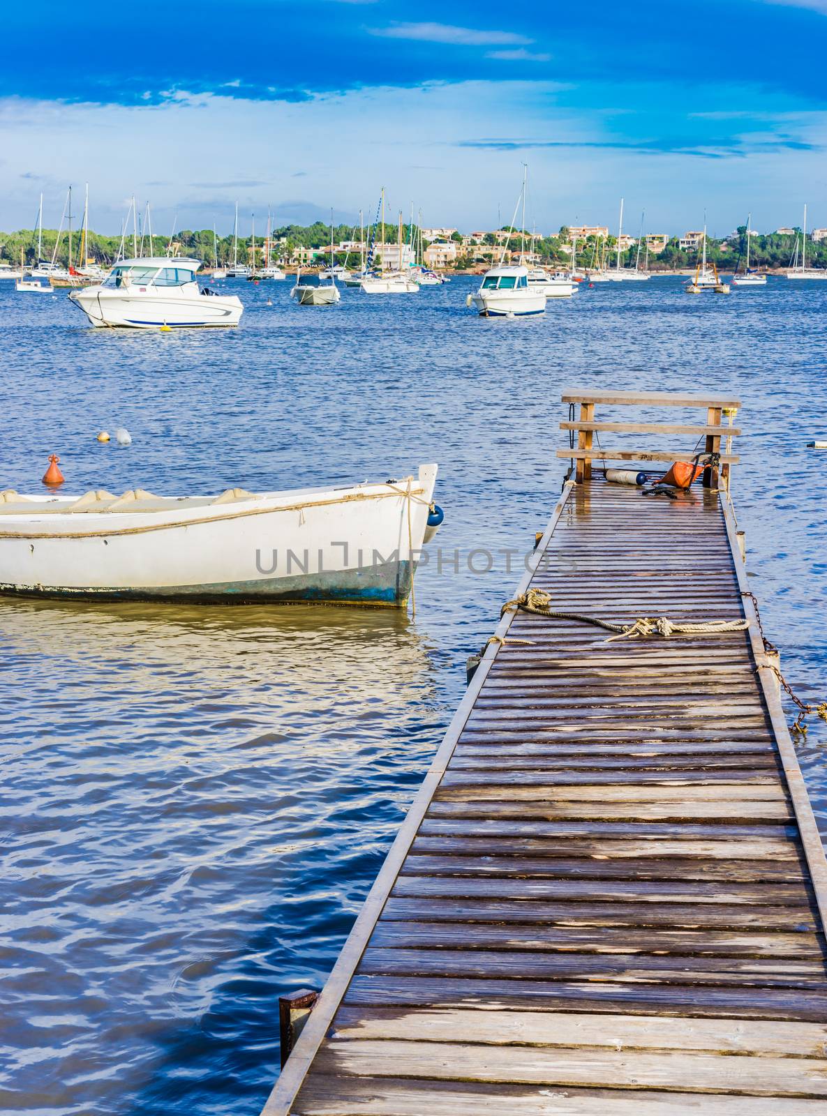 Tranquil scene with idyllic view of harbor with anchored boats