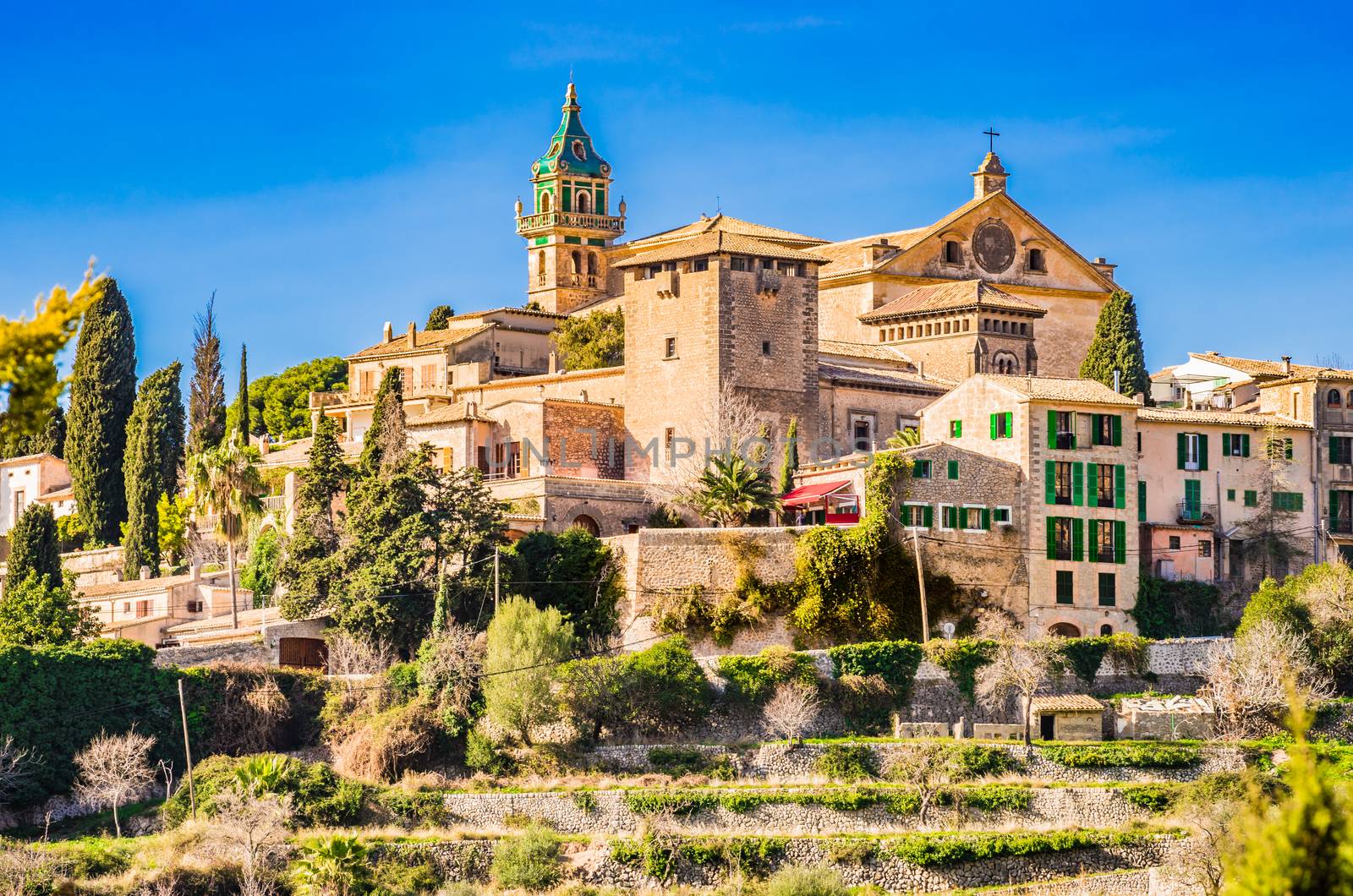 Idyllic view of Valldemossa in the Serra de Tramuntana mountains on Mallorca, Spain Balearic islands