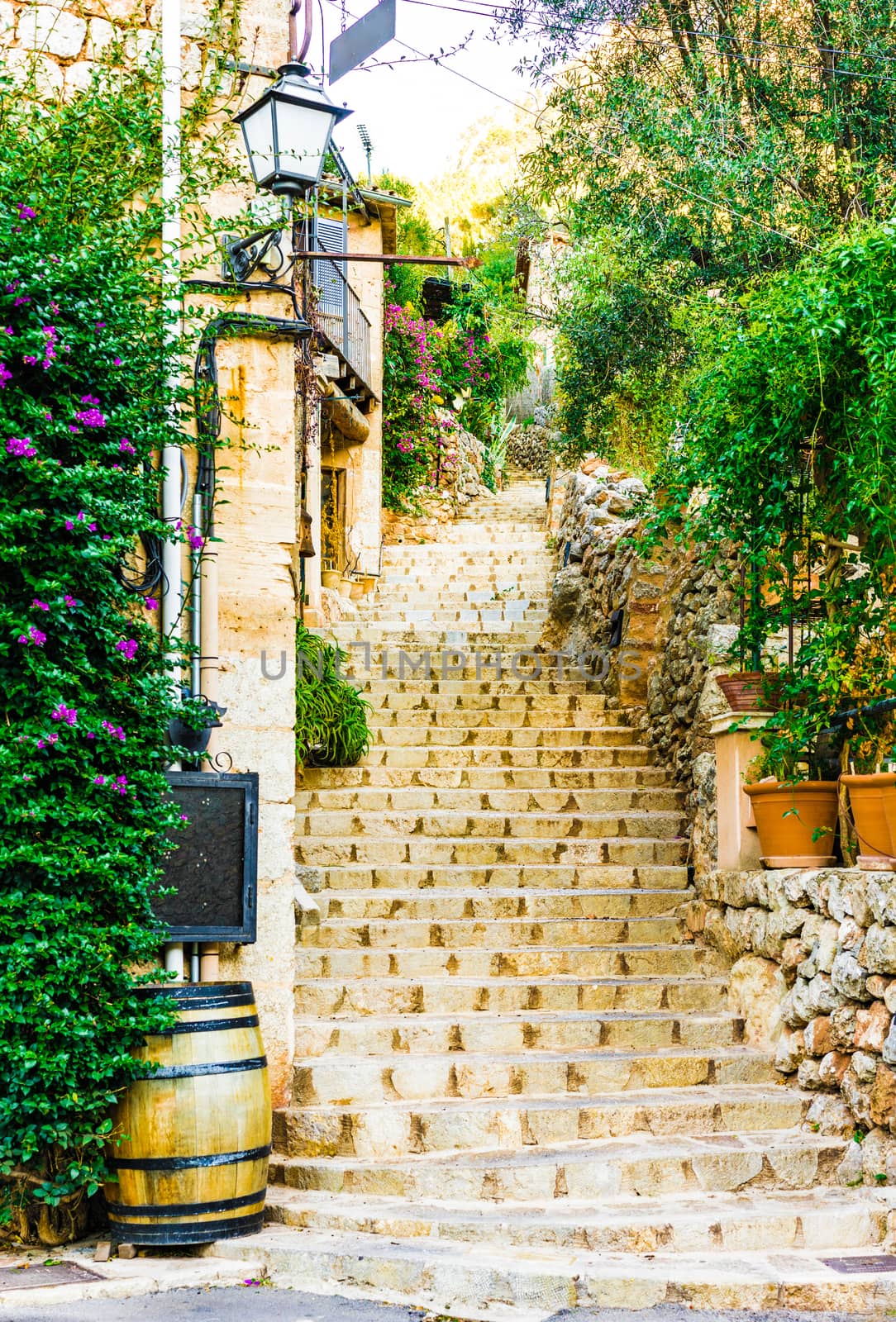 Rustic stone staircase in the mountain village of Deia, Mallorca island Spain