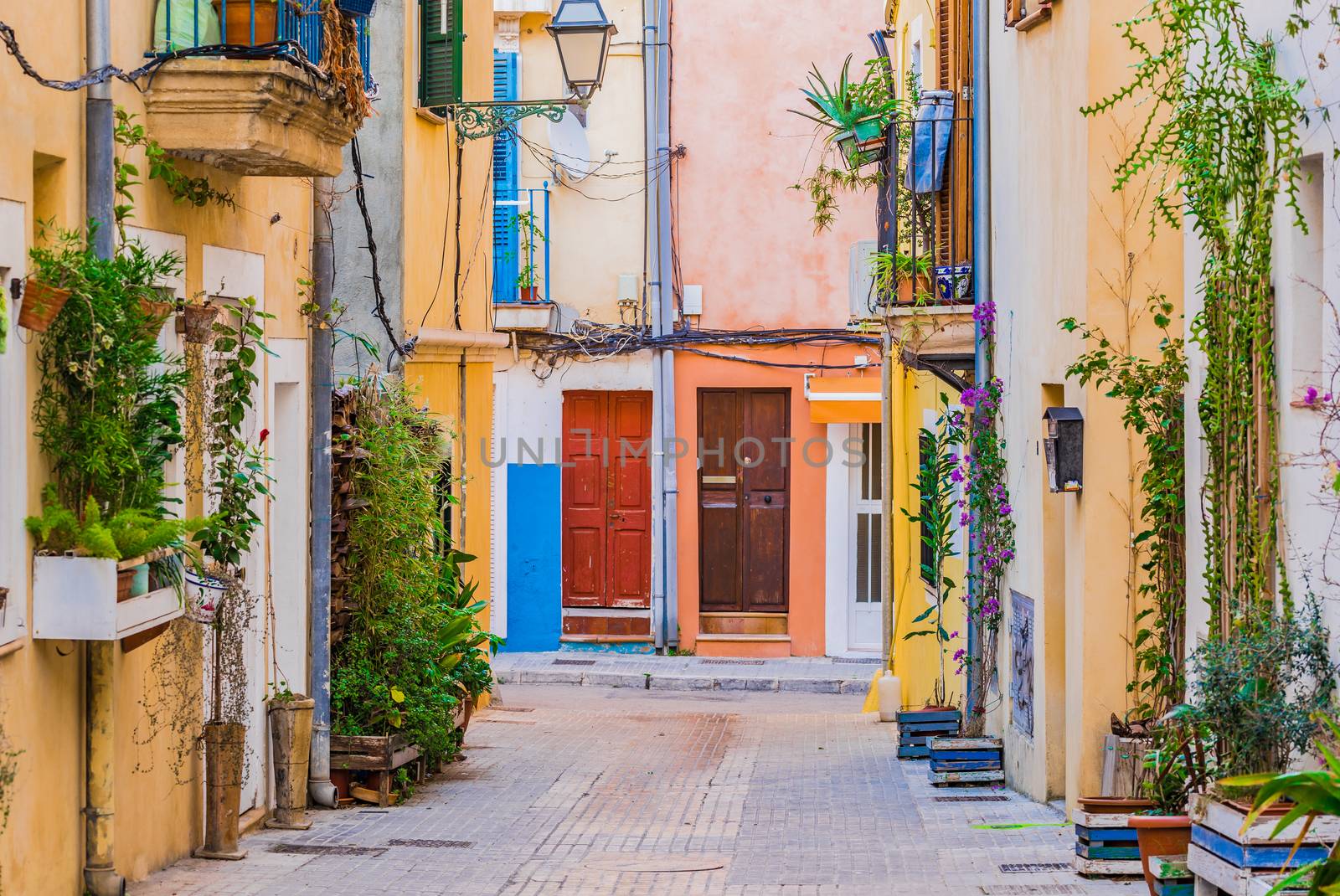 View of colorful houses in Palma de Mallorca city, Spain Balearic islands